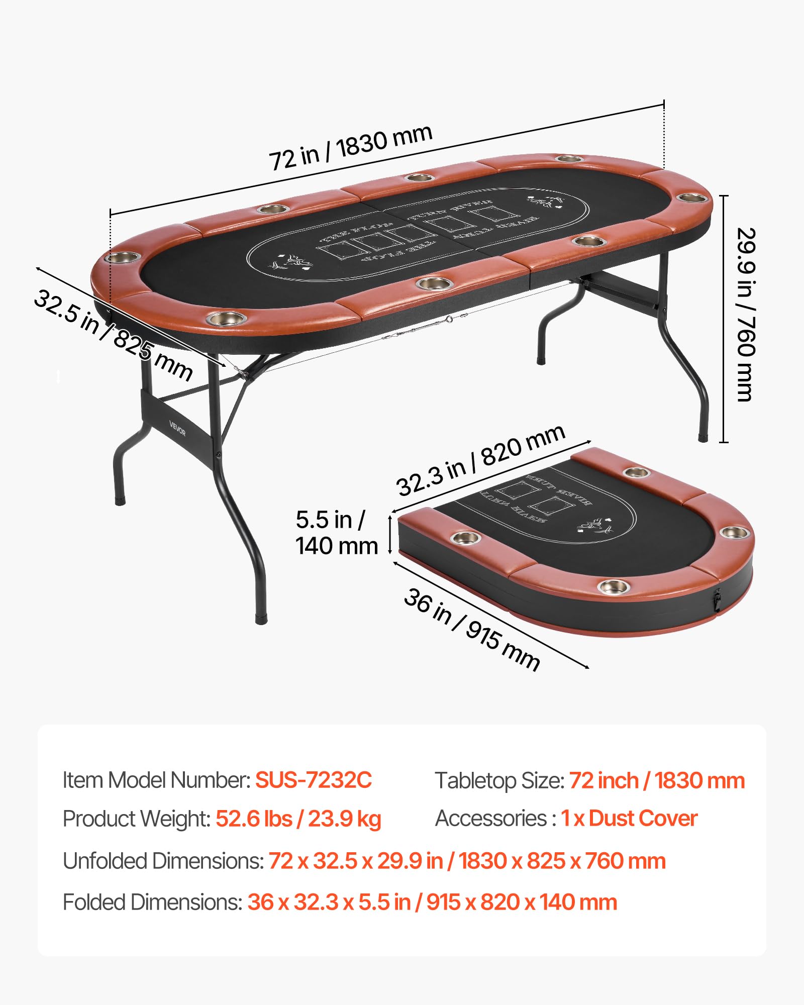 VEVOR Mesa de Póker Plegable de Casino, para 8 Jugadores con Rieles Acolchados y Portavasos, Portátiles Ovaladas, con Patas de Fieltro y Metal, para Texas Hold'em y Blackjack, 1830 x 820 x 720 mm