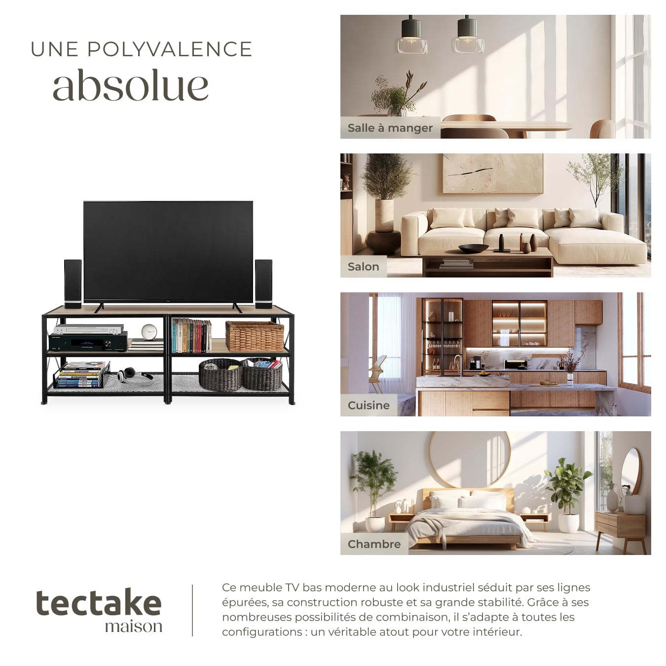 tectake® Meuble TV 141 x 41,5 x 50,5 cm, Banc TV Salon Chambre, Meuble Rangement Television, Style Industriel, 3 Niveaux Ouverts et Fond grillagé, Meubles de Salon pour télévision, Bois Clair