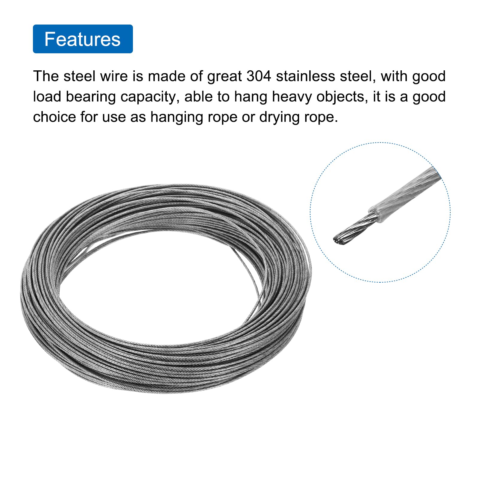 QUARKZMAN Drahtseil Edelstahl 50M x 1,2 mm Stahlseil PVC ummantelt mit 10 Aluminiumhülsen Sicherungsdraht Aufhänger für Bilder Vorhang Geländer Outdoor Gartenmöbel Sonnensegel, Transparent