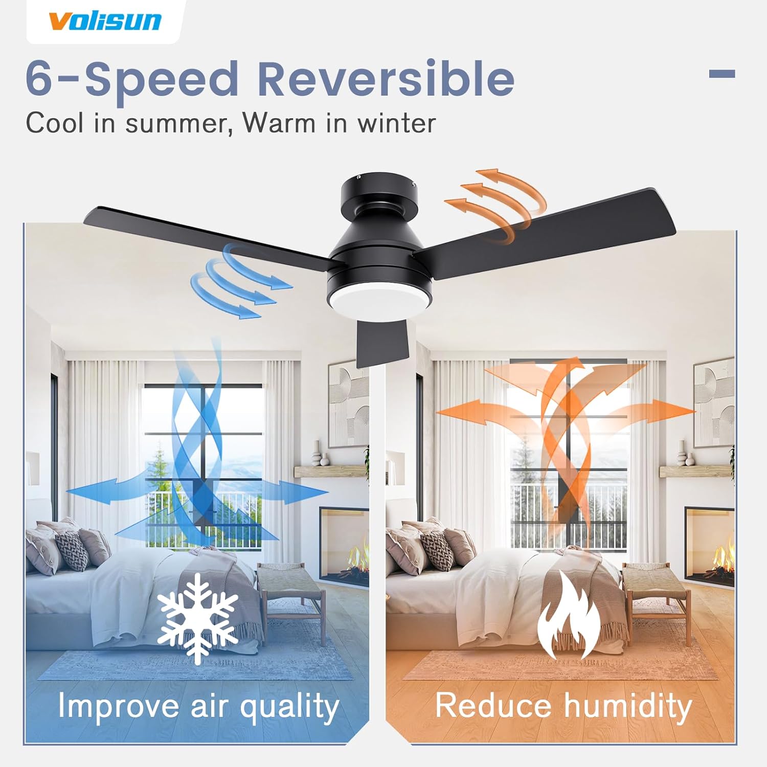 VOLISUN Ceiling Fans with Lights Flush Mount, 42 inch Low Profile Ceiling Fan with Light and Remote, Queit & Reversible Motor,3CCT, Dimmable, Black Modern Ceilings Fans for Bedroom, Living Room - Image 4