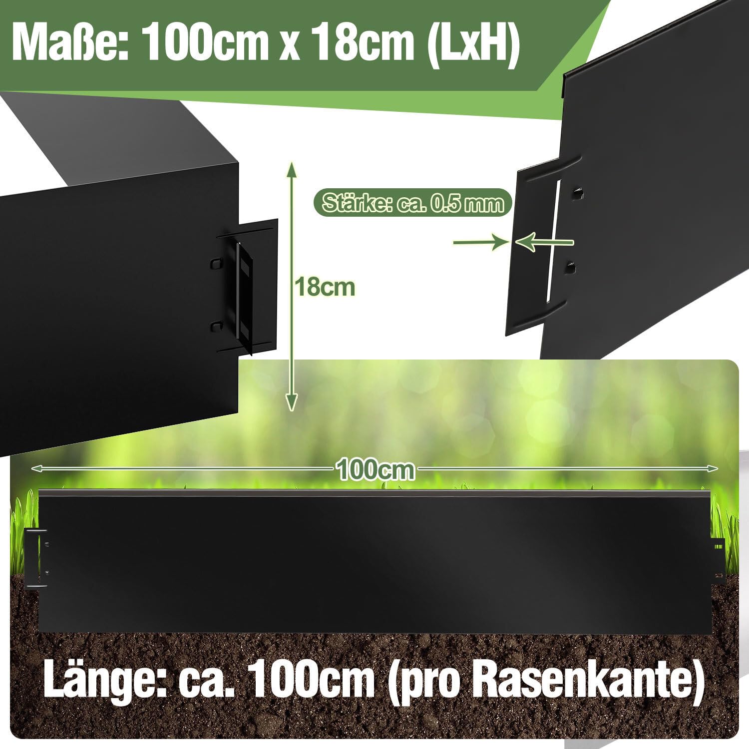 Rasenkante Metall Verzinkt, 15m Schwarz Matt Flexible Garten Beeteinfassung, Kratzfeste Oberfläche Stecksystem ohne Zubehör Einfache Montage, 15 Stück 100cm x 18cm (L x H)
