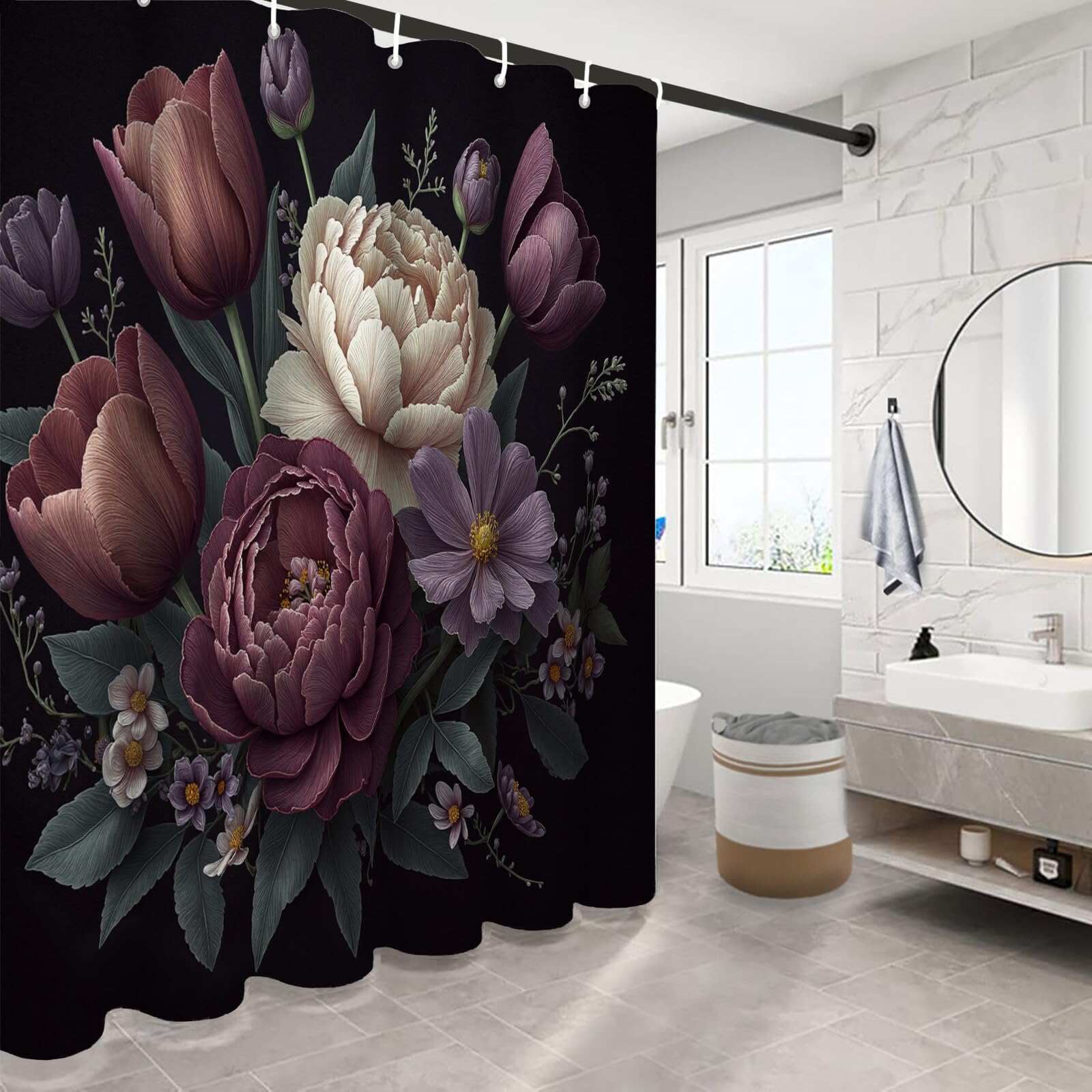 Rideau Douche,Rideau Baignoire Lavable en Machine Rideaux Douche Tissus Lavable Rideau De Baignoire Lavable pour Salle De Bain Domicile Baignoire Famille,Tulipes Pivoines,