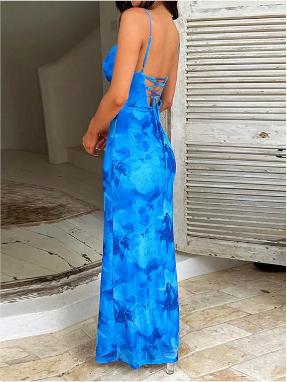 Milumia Women's Floral Backless Lace Up Spaghetti Strap Bodycon Maxi Dress Summer Cowl Neck Long Cami Dress - Image 3