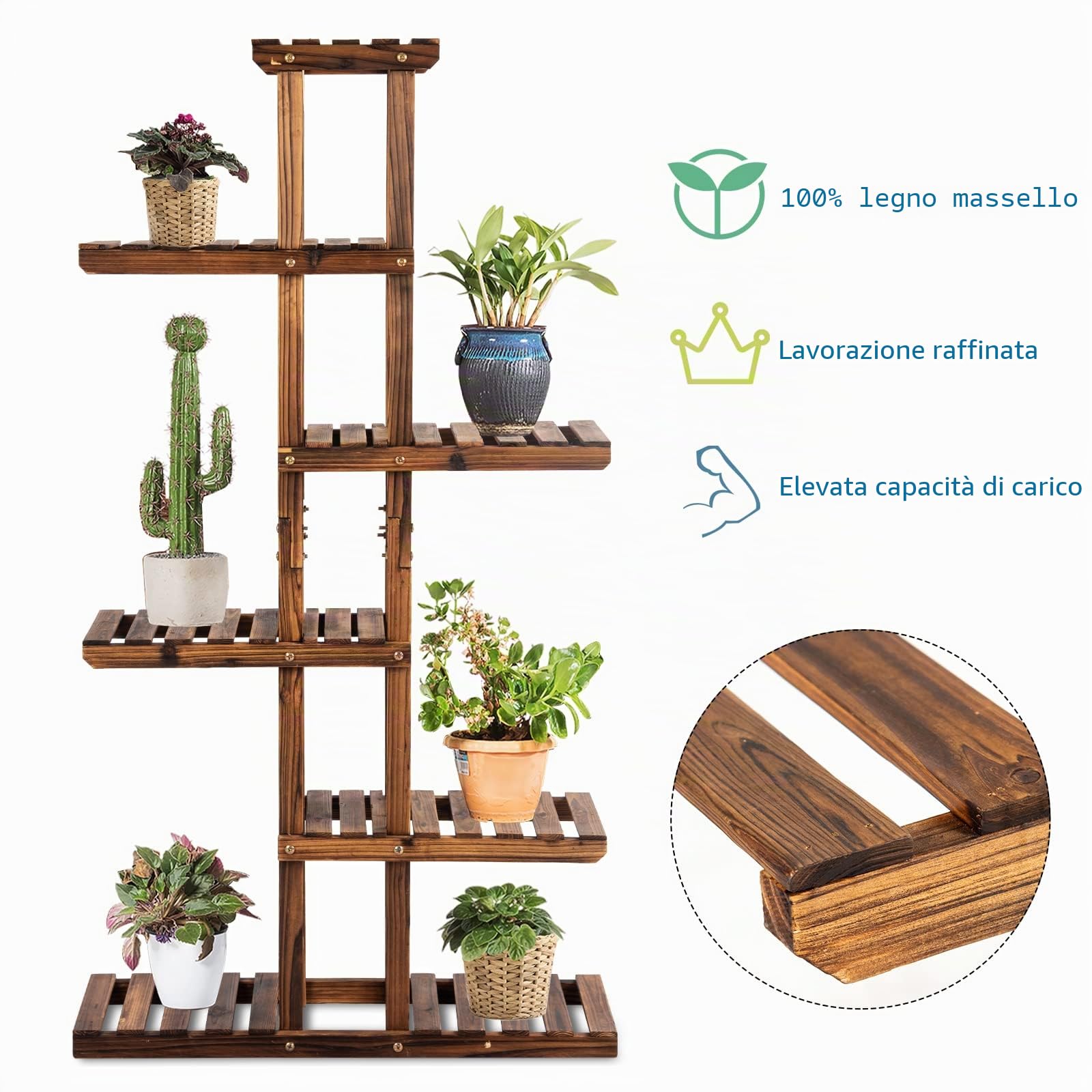 KOMFOTTEU Scala per fiori a 6 ripiani, in legno, resistente alle intemperie, scaffale per fiori multistrato per balcone, giardino, terrazza, 75 x 25 x 140 cm