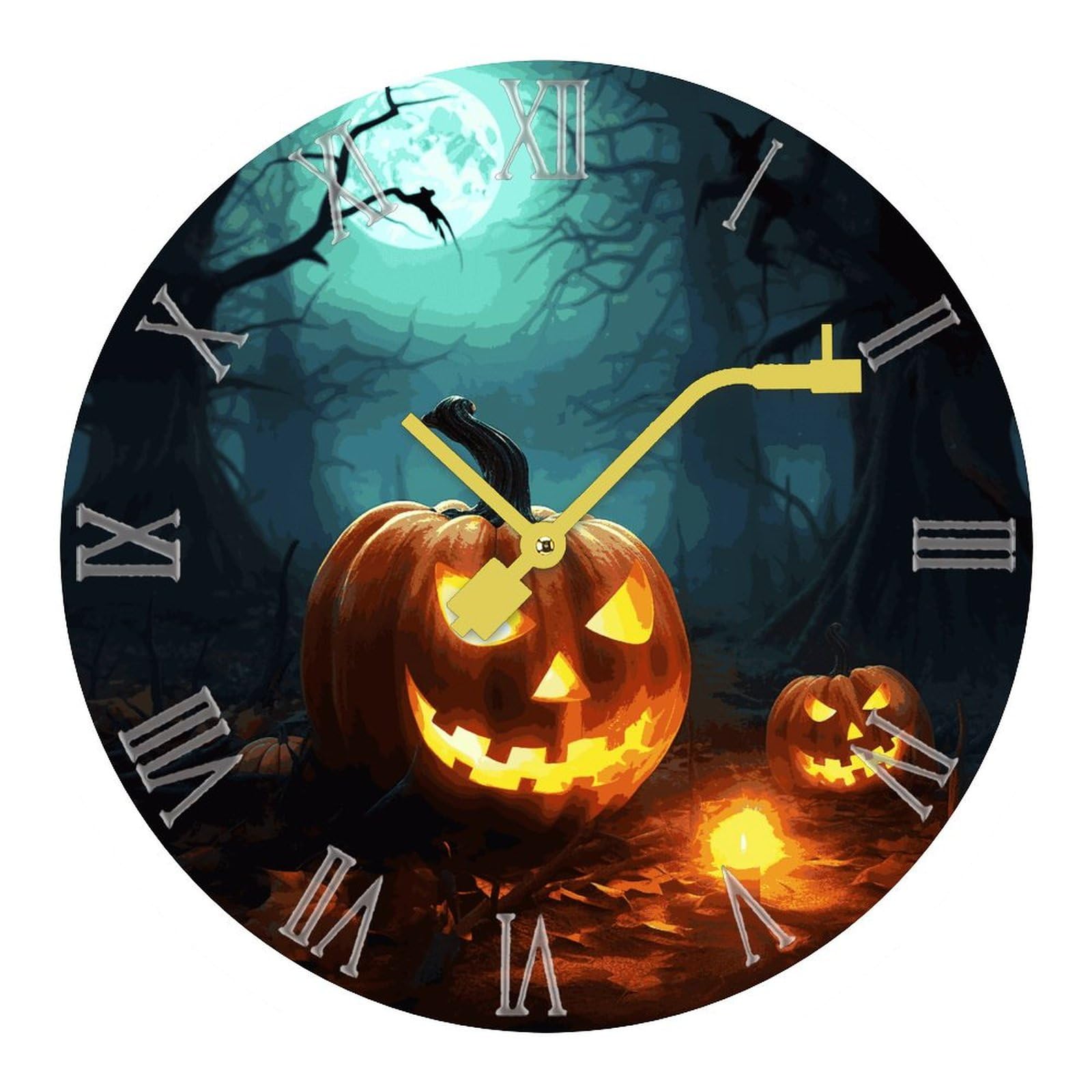 Horloge murale sans tic-tac à piles motif citrouille pour chambre et salle de bain