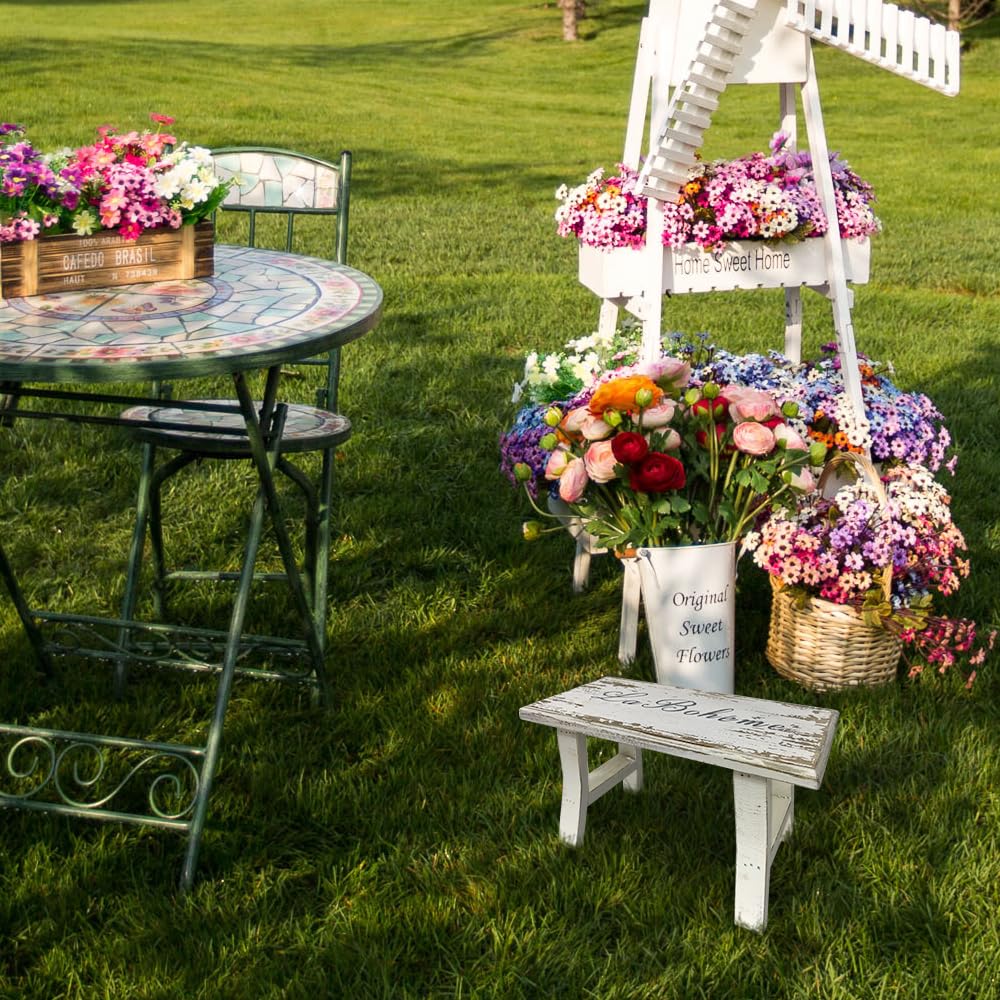 TentHome Taburete vintage de madera, reposapiés, reposapiés, natural, rústico, para plantas, para flores, taburete para niños, pequeño taburete de madera para habitación infantil, jardín, blanco