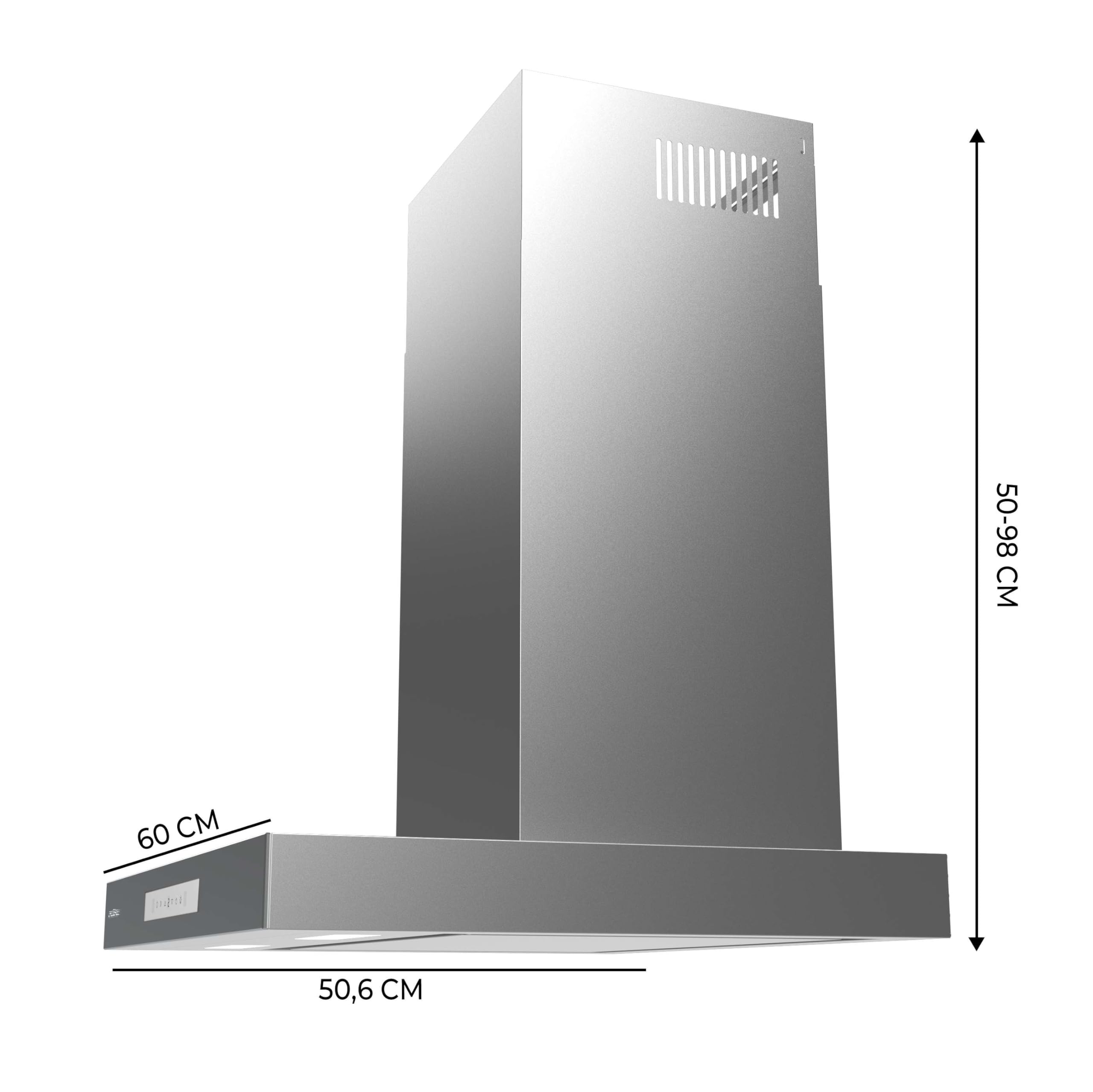 Cecotec Campana Extractora 60cm Tipo T Bolero Flux Tt 608000 Slim Glass White A++. Acabado Acero Inox Succión 800M3/H, Bajo Consumo, Display Táctil, Filtro Carbono, Hand Movement Control