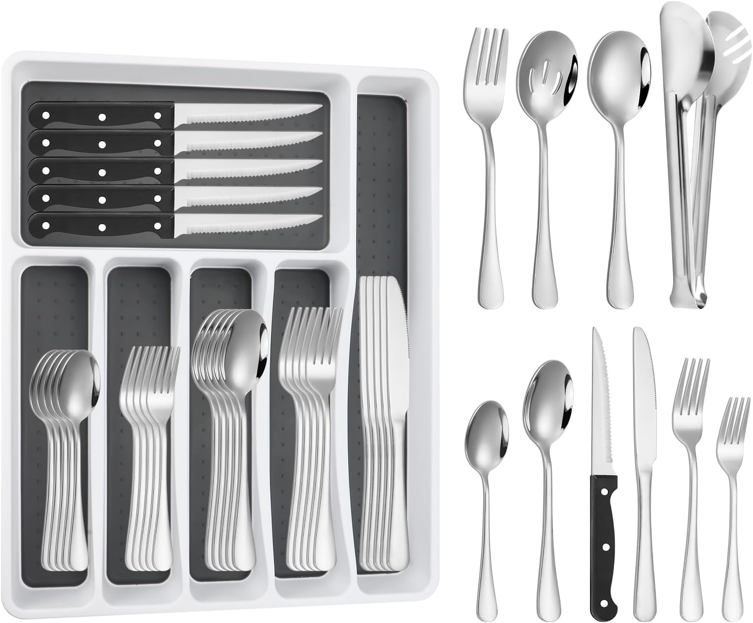 53PCS Silverware Set for 8 with Flatware Drawer Organizer, Stainless Steel Cutlery Set with Steak Knives, Include Spoons and Forks Set & Serving Utensils, Mirror Polished, Dishwasher Safe
