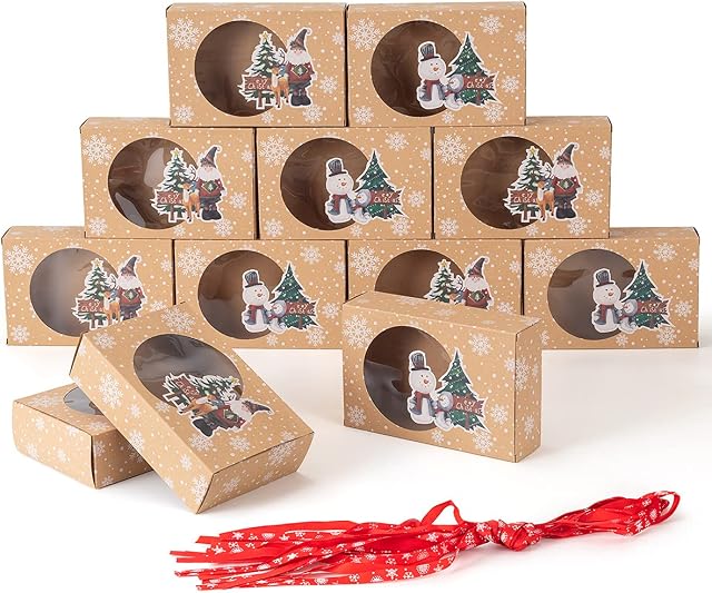 testyu 12 Pcs Christmas Cookie Boxes, Christmas Treat Boxes with Clear Window, Kraft Paper Doughnut Candy Boxes for DIY Wedding Party Gifts Favours Decoration