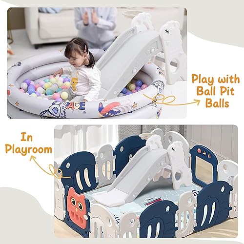 Miniatura 7 de Tobogán para niños pequeños de interior con pelota escaladora en blanco perla para niños, juego independiente para interiores con aro de baloncesto