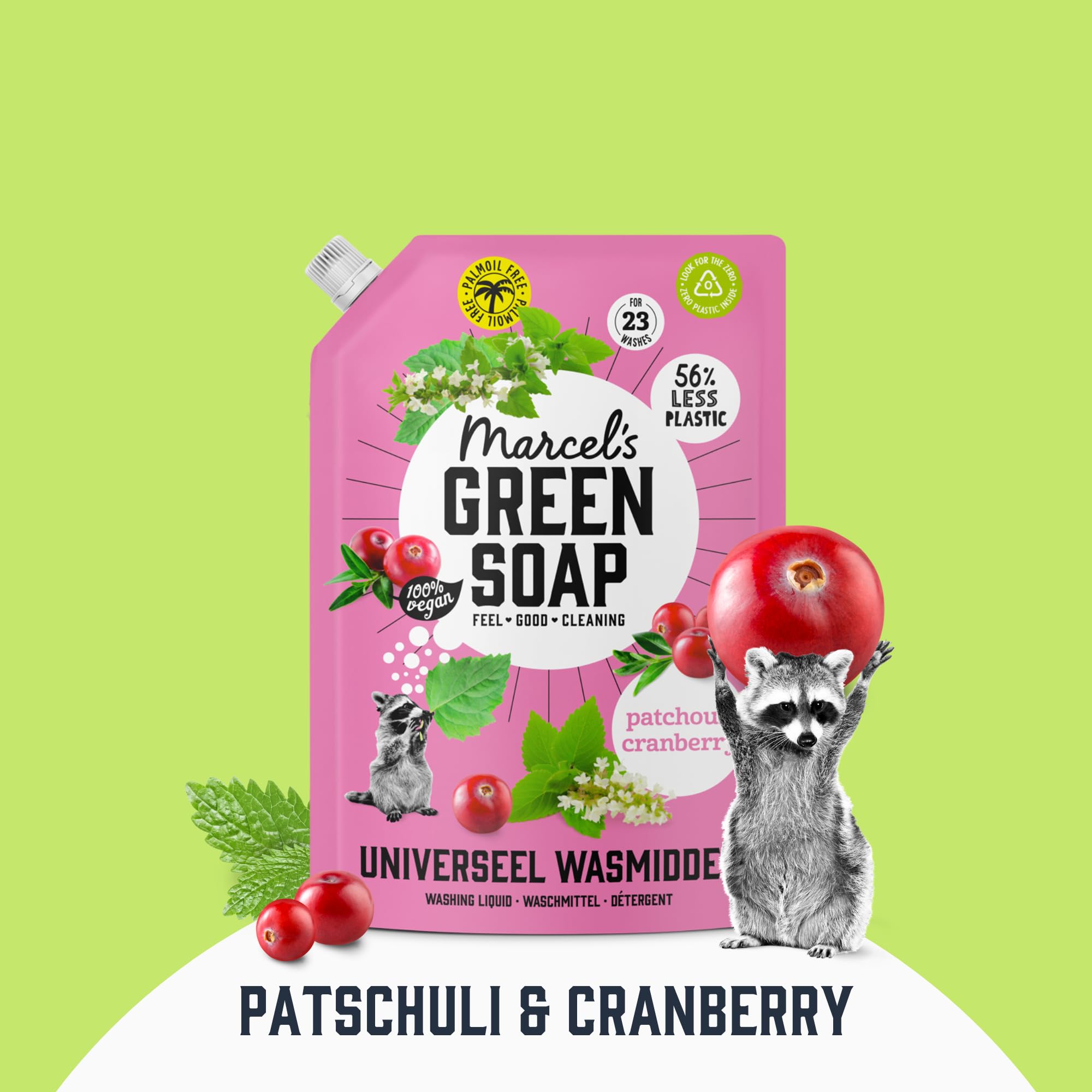 Marcel's Green Soap Universalwaschmittel Nachfüllbeutel Patschuli & Cranberry - Nachfüllpackung - Weiße und bunte Wäsche - Vegan - Mikroplastikfreie Formel - 92 Waschgänge - 1L (4er Pack)