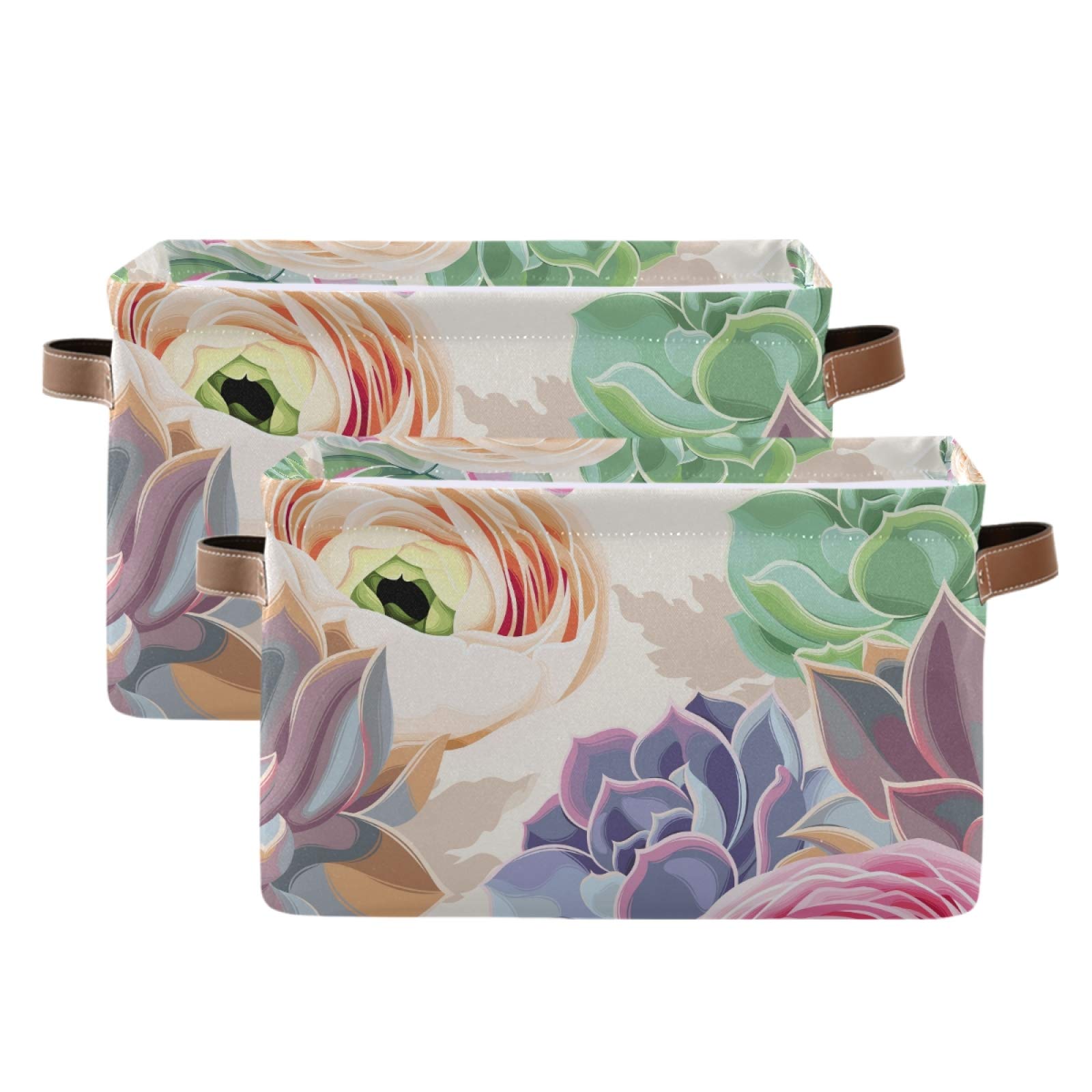 susiyo Large Foldable Storage Bin Succulent Flowers Cactus Fabric Storage Baskets Collapsible Decorative Baskets Organizing Basket Bin with PU Handles for Shelves Home Closet Bedroom Living Room-2Pack