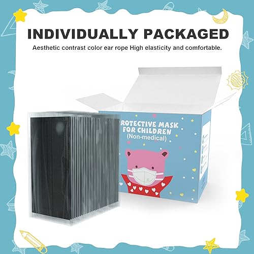 Miniatura 8 de Sheal 100 máscaras faciales desechables empaquetadas individualmente, color negro con cintas elásticas coloridas para las orejas, máscaras faciales