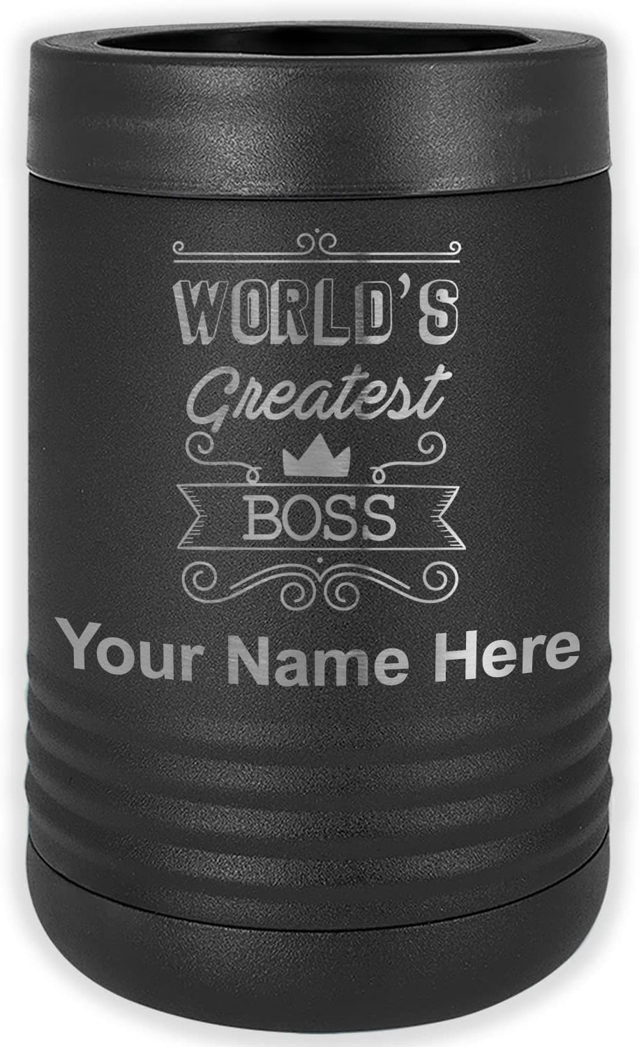 LaserGram Personalized 12 oz. Stainless Steel Can & Bottle Insulator, World's Greatest Boss – Keeps Drinks Cold Longer (Navy Blue)