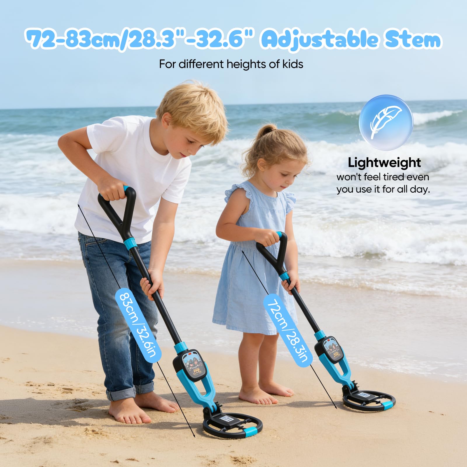 Metal Detector Bambini, Metal Detector per Bambino con Asta Regolabile 72–83 cm, Display LCD, Bobina di Ricerca Impermeabile, Ad Alta Sensibilità Metal Detector per Bambini con Borsa Pala