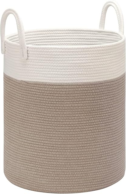LITLANDSTAR Large Cotton Rope Basket, 40 x 50cm Woven Laundry Basket Storage Bins for Dirty Clothes Blankets Toys Storage with Handles, White & Brown