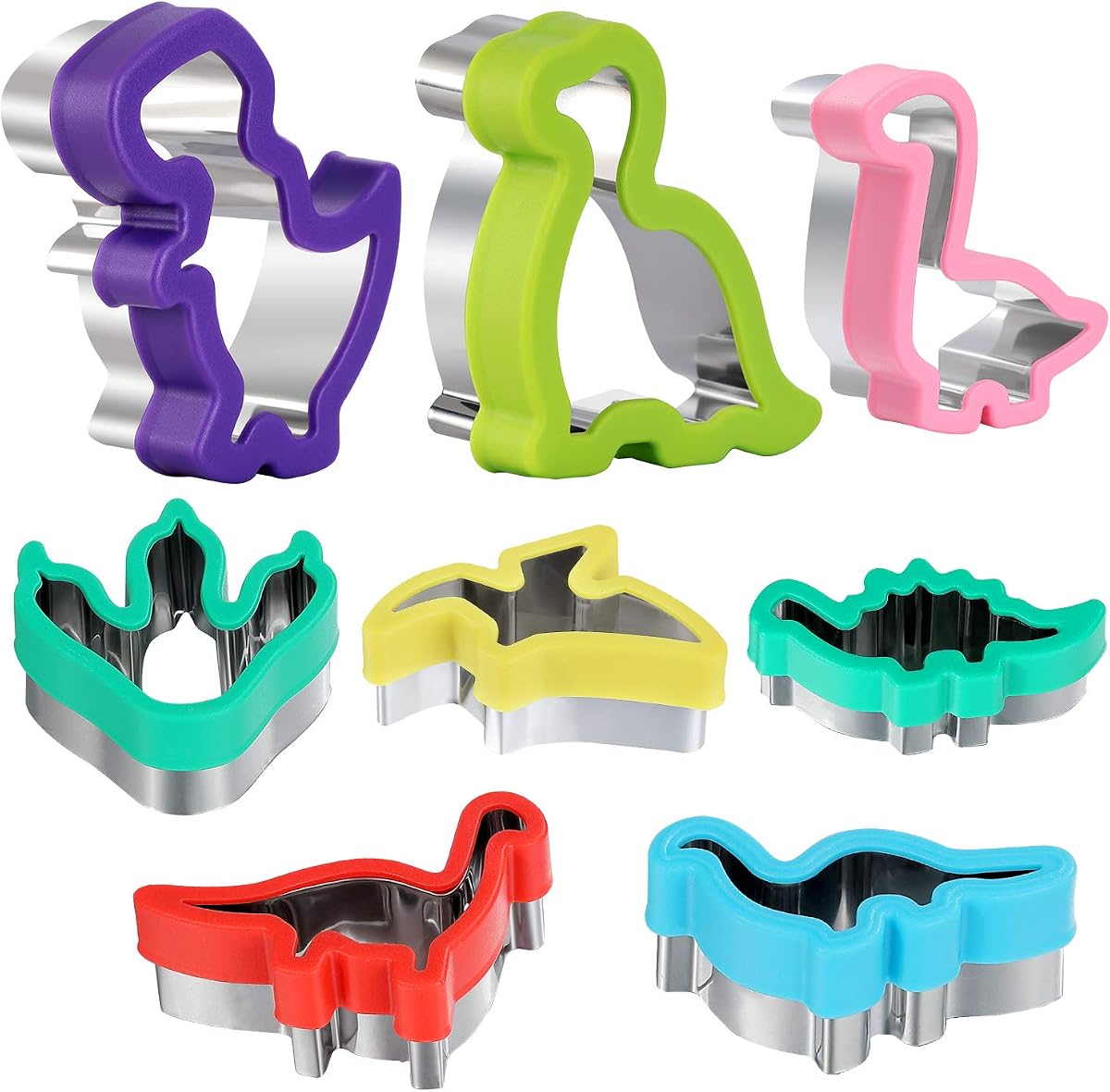 Juego de cortadores de galletas de dinosaurio – Moldes de acero inoxidable con forma de galletas y dulces para bricolaje, cocina, hornear, suministros para fiestas de cumpleaños con temática de dinosaurios para niños (paquete de 8)