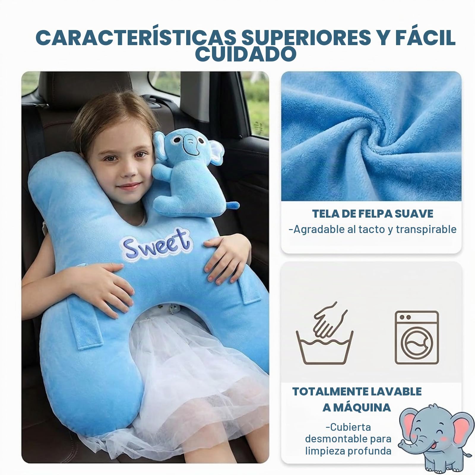 Devineresse Almohada de Viaje para Niños Almohada Coche niños | almohada coche niños Forma H con Apoyacabeza Lateral Desmontable Almohada para Dormir en Coche en Viajes Largos