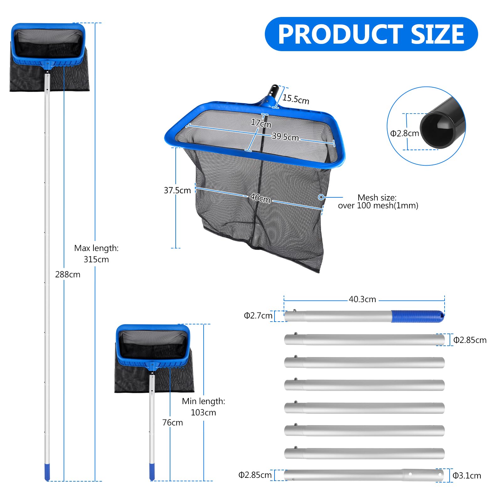 Épuisette de Fond pour Piscine, Filet de Nettoyage avec Manche réglable 2,8m Filet pour Piscine, épuisette pour étang, Spa - Type C (Cadre Bleu Plastique - Filet Noir Grossier Profond)
