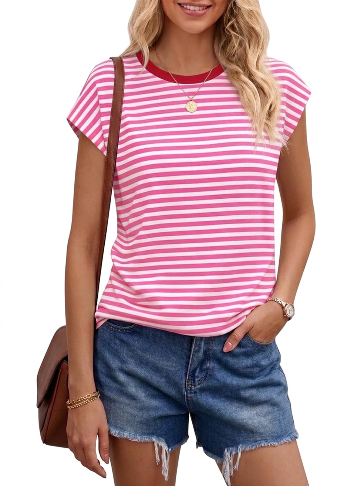 Chicrise T Shirt Damen Sommer Flügelärmel Gestreiftes Top Ärmellose Rundhals Farbblock Oberteil Lässige Leicht - 4