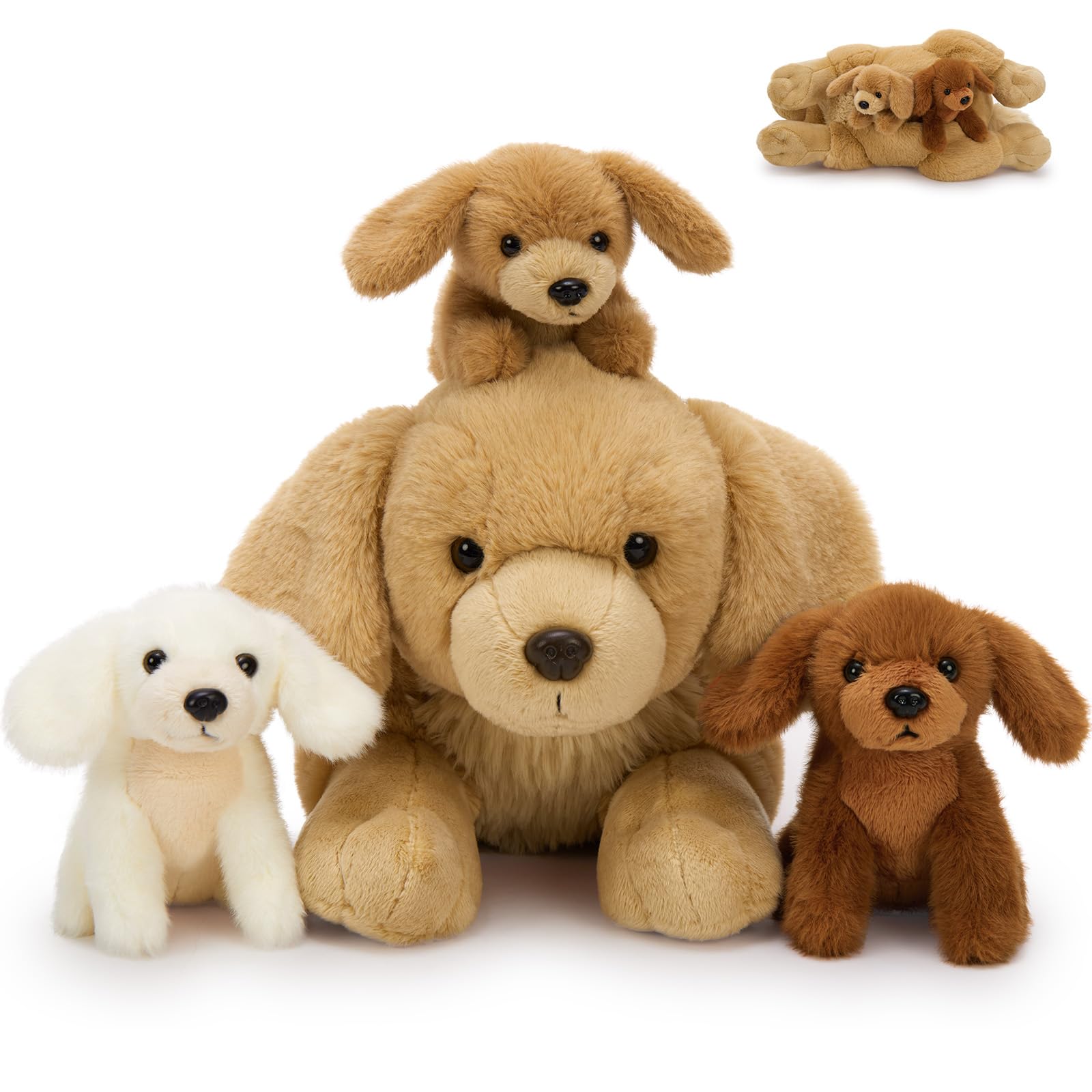 MorisMos Golden Retriever Giant Plush Toy, 45cm Mom Dog with 3 Kawaii Babies, Realistic Soft Plush Toy Large Gifts for Girls, Boys, Birthday Christmas