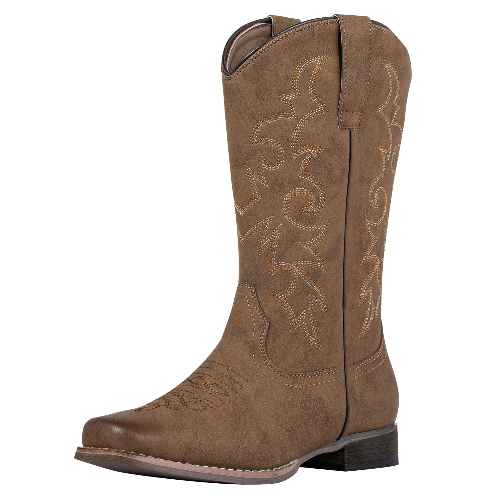 SheSole Women's Cowboy Boots Square Toe Western Cowgirl Mid Wide Calf Embroidered Boots Brown