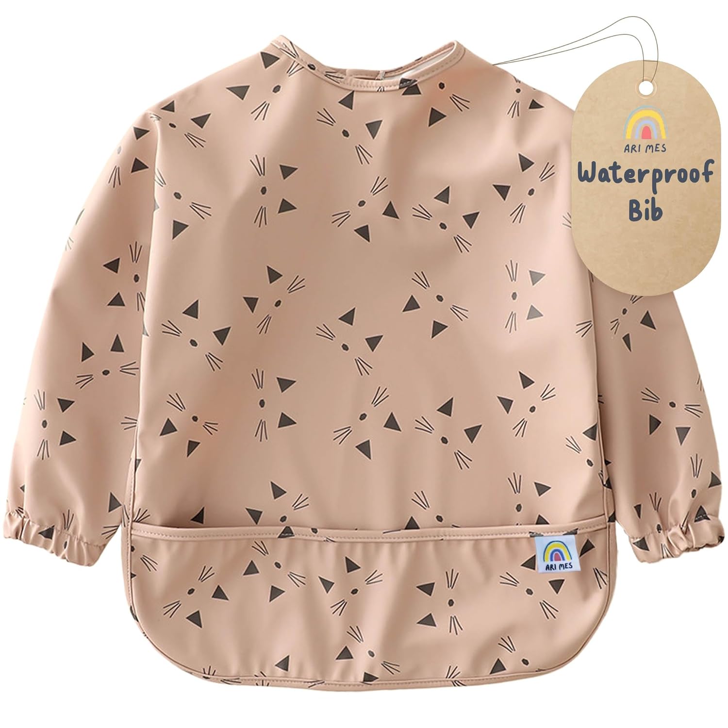 ARI MES Waterproof Long Sleeve Baby Bib for Eating-Kitty Cats Pattern, Small-Toddler Smock with Catch-All Pocket, BPA Free, Machine Washable, Wearable Feeding Bib for Boys & Girls 6-72 Months