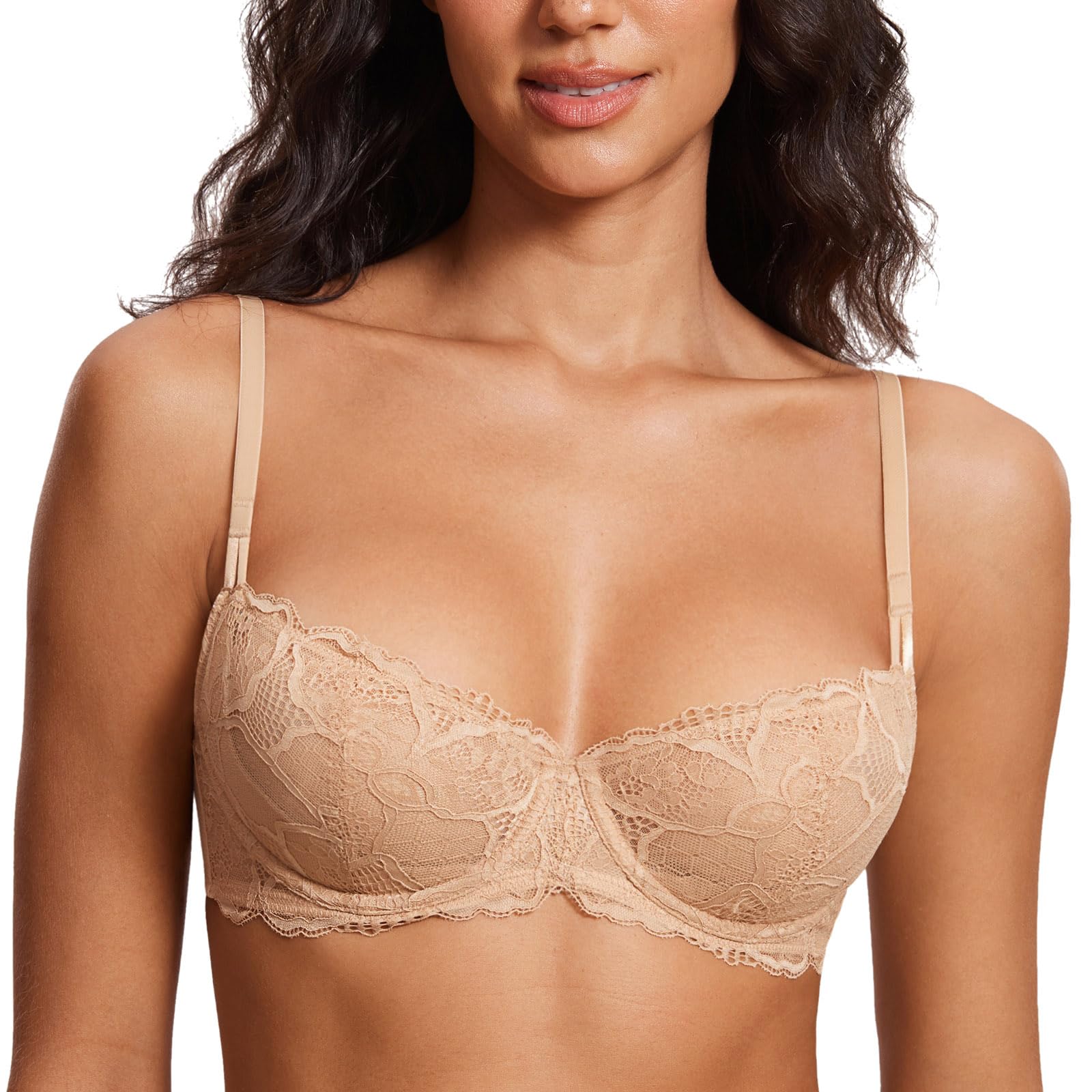 DOBREVA Women's Balconette Bra Floral Sheer Lace Unlined Underwire Push Up Warm Beige 42B