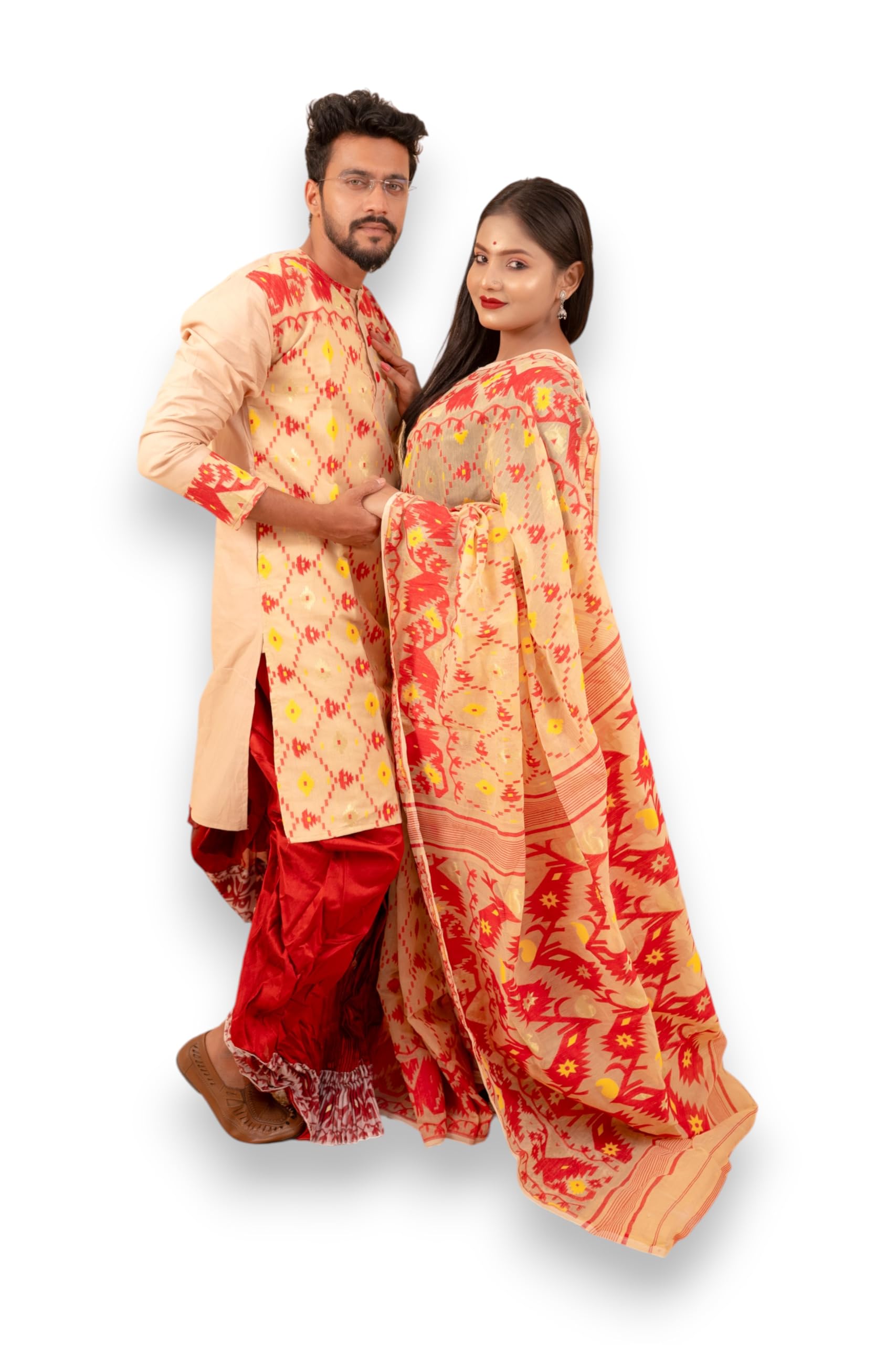 Traditional Dhakai Jamdani Couple Set – Cotton Saree Without Blouse & Men’s Kurta (Tussar without Dhoti)