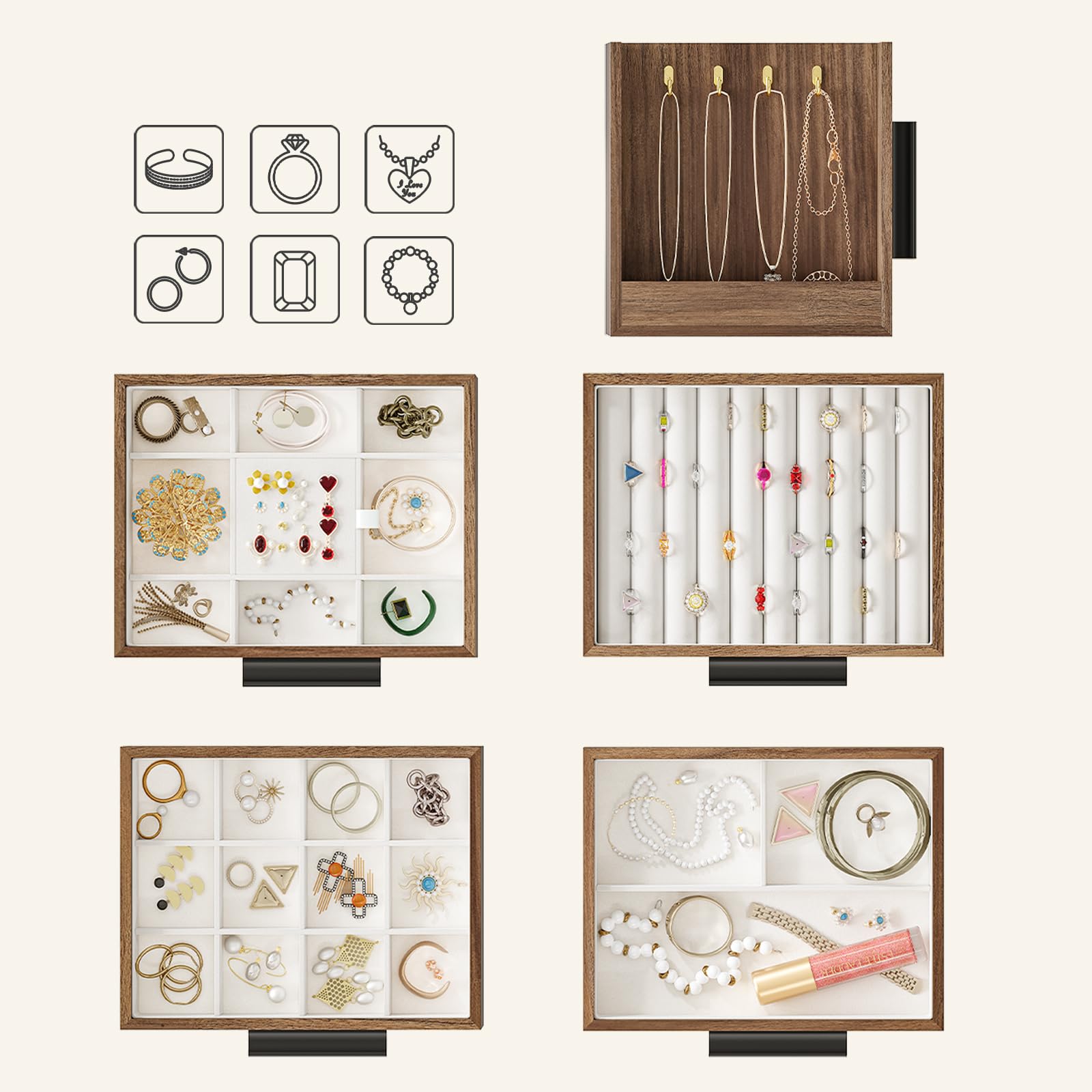 HOOBRO Caja Joyero, Organizador de Joyas de 4 Niveles de Madera con Ventana Transparente, Caja de Joyas para Pendientes, Collares, Anillos, Nogal y Negro EBH09JB04