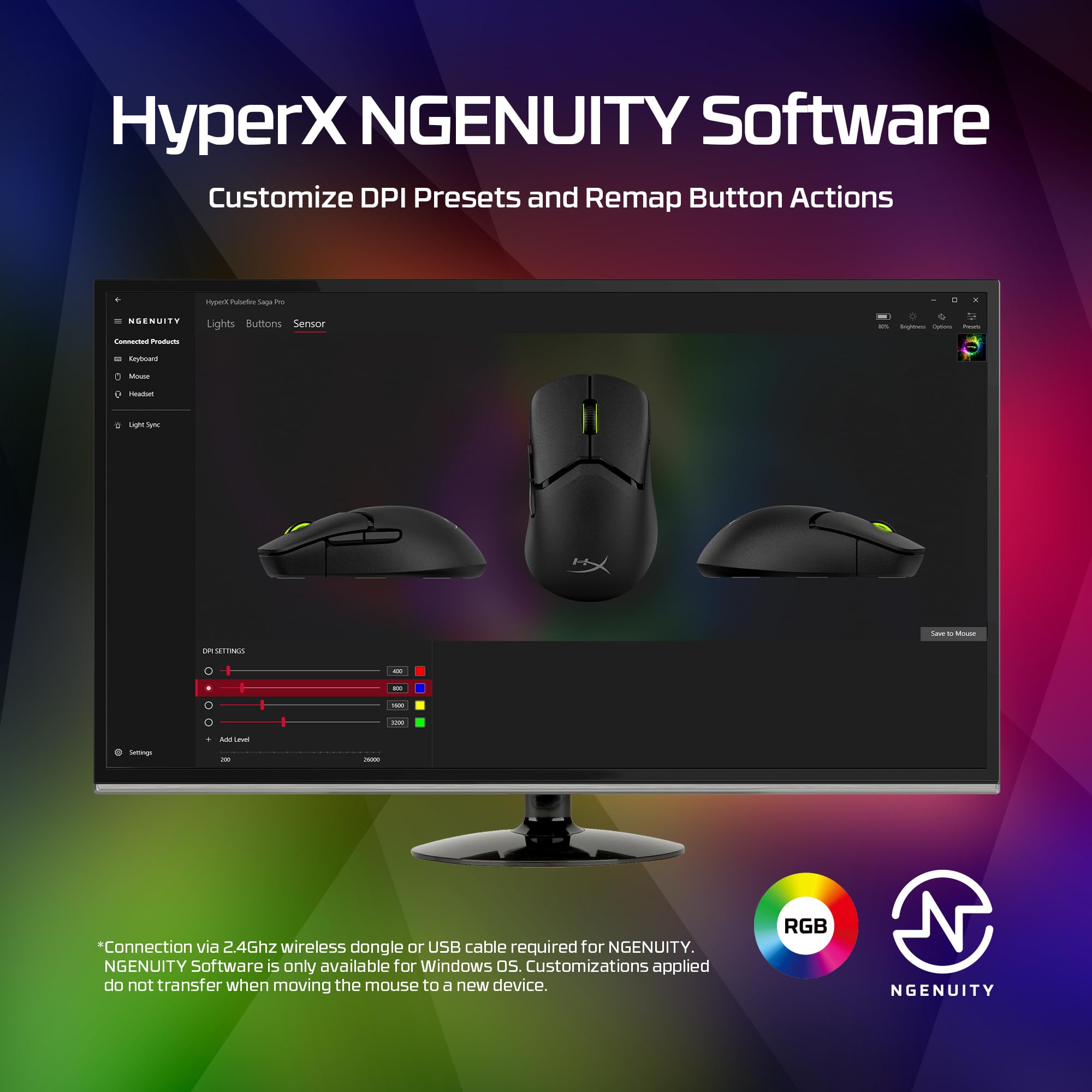 HyperX Pulsefire Saga Pro Modułowa mysz do gier RGB, waga 72g, bateria 90h, 4K, czujnik 26K, OMEN Instant Pair, 6 przycisków, kolor czarny