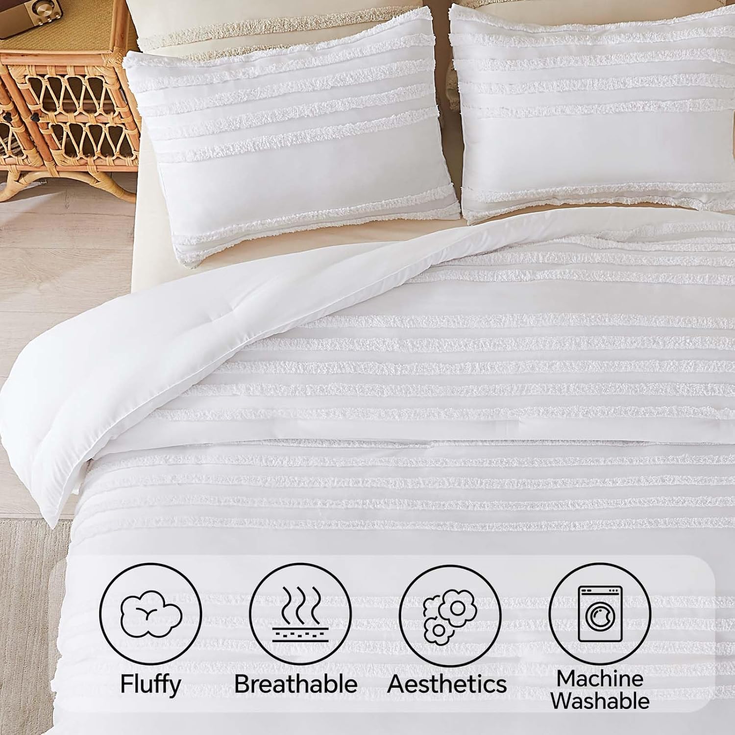 BEDELITE Boho Comforter Set Queen Size, White Tufted Striped Bed Set 3 Pieces, Soft Vintage Farmhouse Comforter for All Seasons, Boho Home Decor,Fluffy Jacquard Bedding with 2 Pillow Shams - Image 4