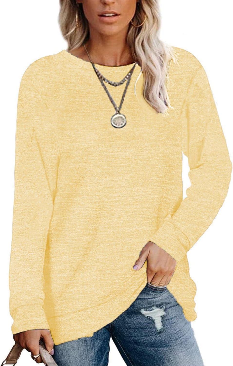 Womens Lightweight Sweatshirts Crewneck Thin Sweaters Long Sleeve Shirts Solid Color Casual Tunic Fall Tops(S-2XL