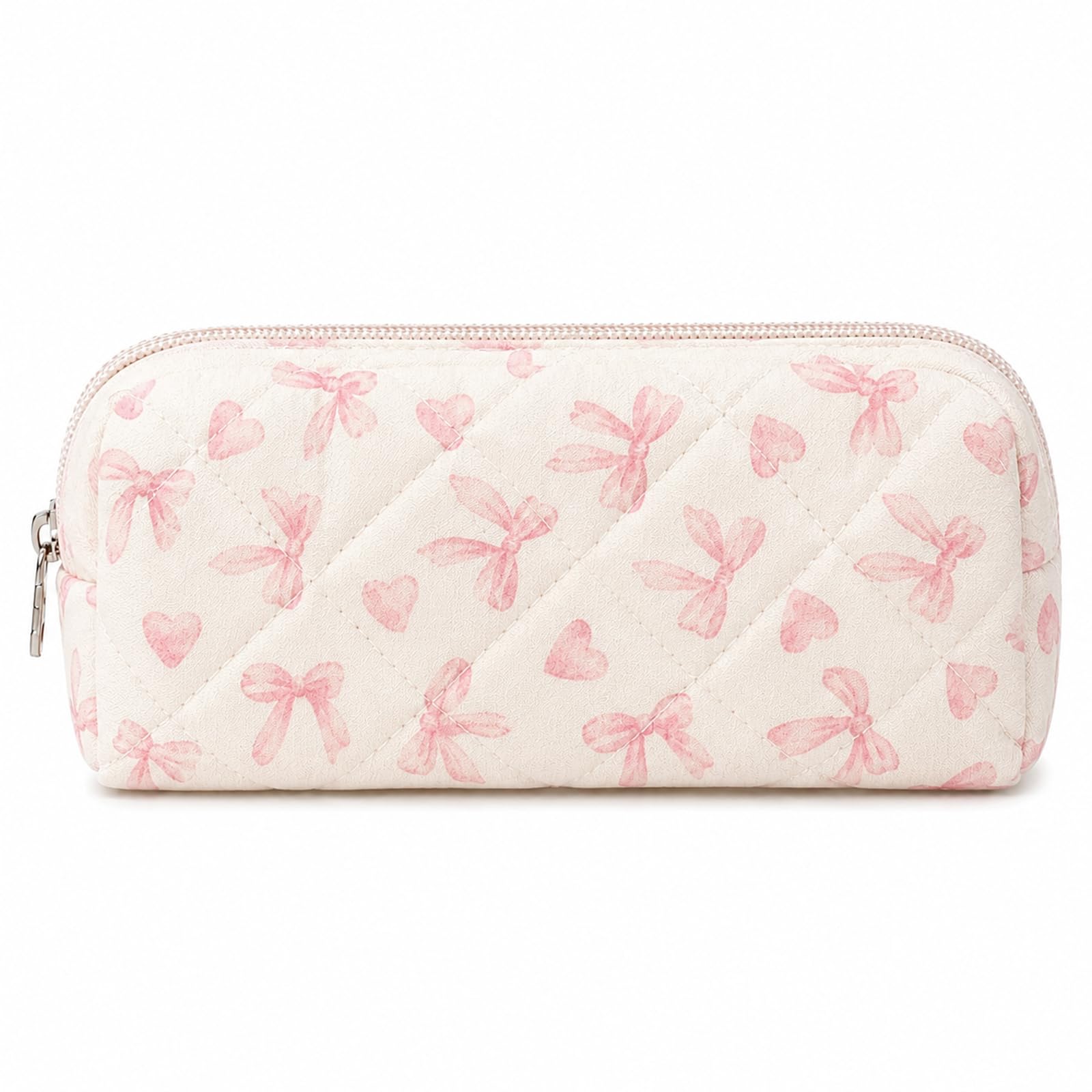 Bow & Heart Pencil Case with Diamond Quilted Design - Fresh Print Makeup Bag for Women & Students, Spacious Multifunctional Organiser for Stationery & Toiletries, Cream Background Cotton Fabric Case