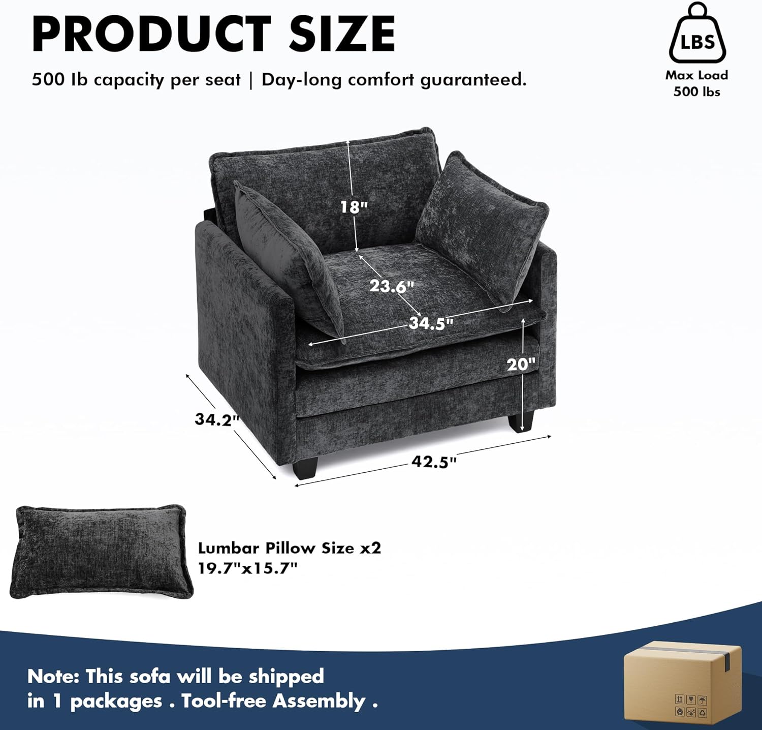 Sectional Couch, Comfy Cloud Modular Sectional Sofa, Deep Seat Modern Cloud Sofa, Modular Sofas for Living Room, Bedroom (Black, 1 Seat)