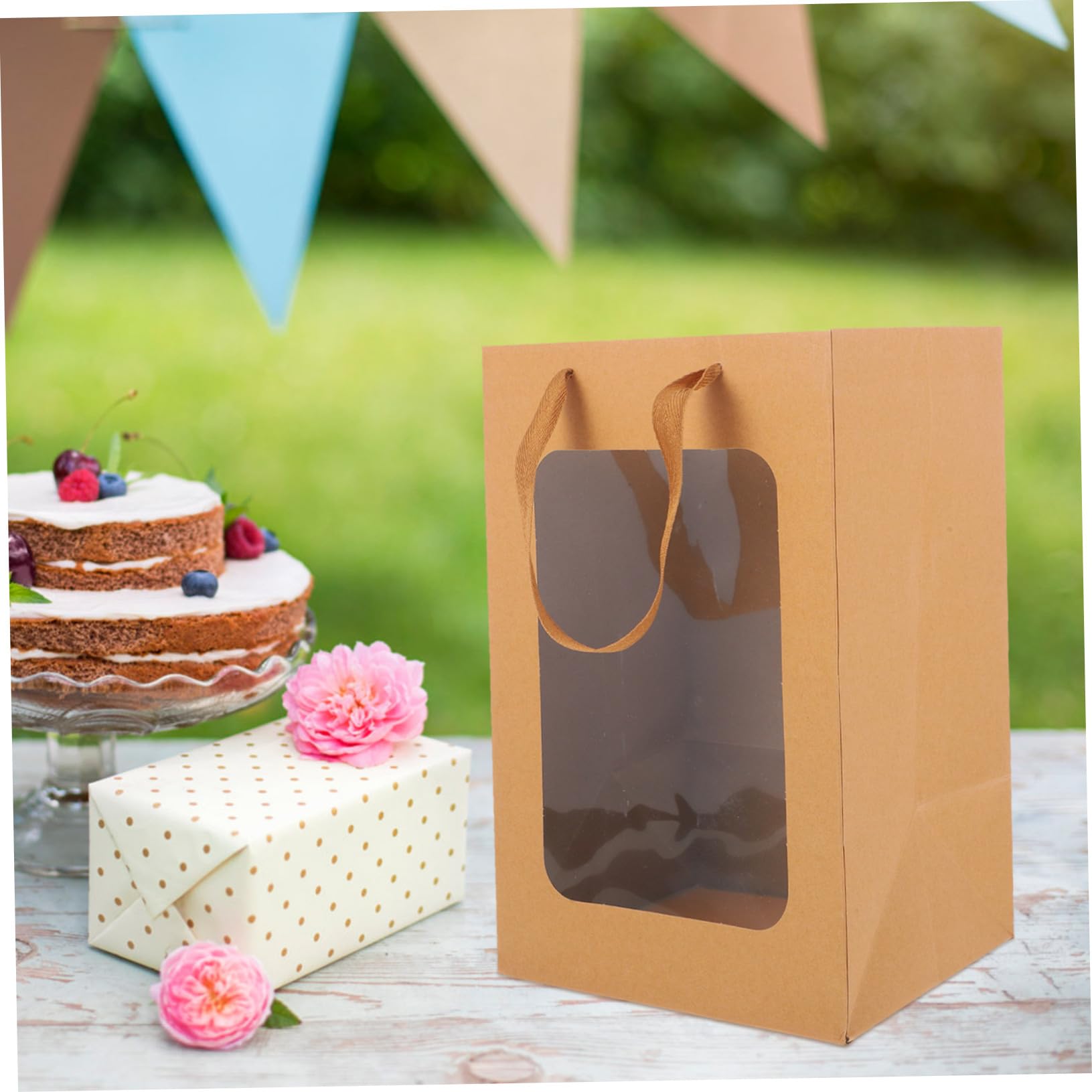 KOMBIUDA 10stücke Durchsichtige Geschenktüten mit Sichtfenster Papiertüten mit Henkeln Blumenstraußtüten Geschenkverpackungstüten Gastgeschenktüten für Partytüten und Mitgebseltüten