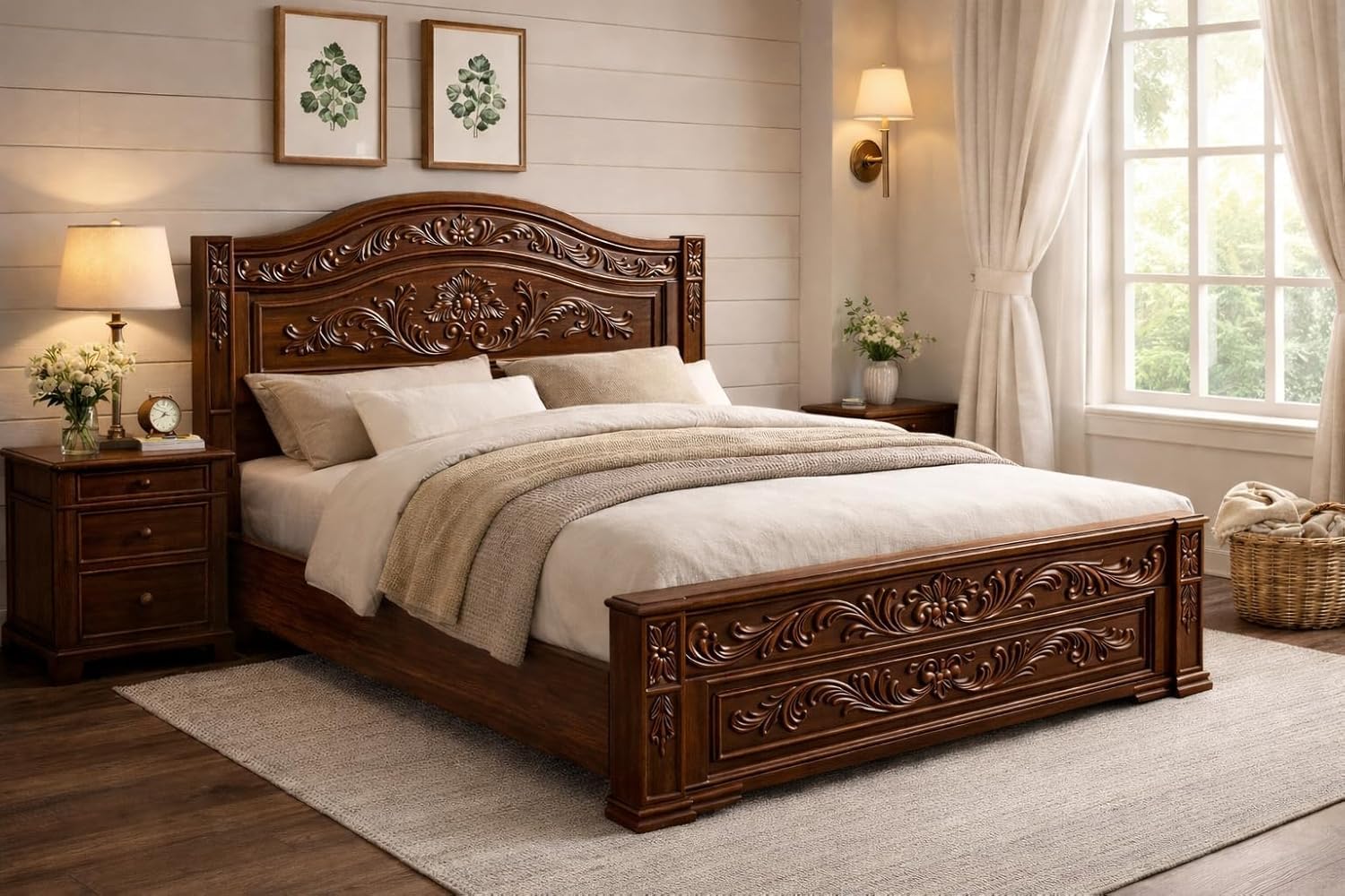 TIMBROOT Solid Sheesham Wood King Size Bed with Box Storage | Wooden King Size Bed for Bedroom | Hand Carved Bed | Royal Antique Design | Premium Solid Wood Furniture | Antique Bed King Size. | Royal bed king size