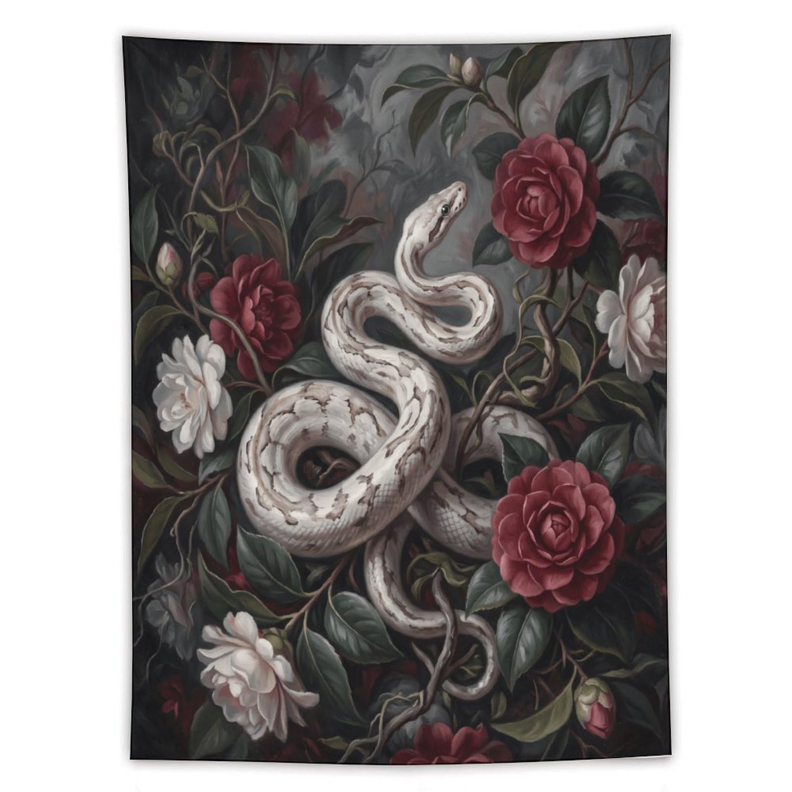H3B8U2Y5 White Snake Dark Roses Wall Tapestry, Curving Serpent