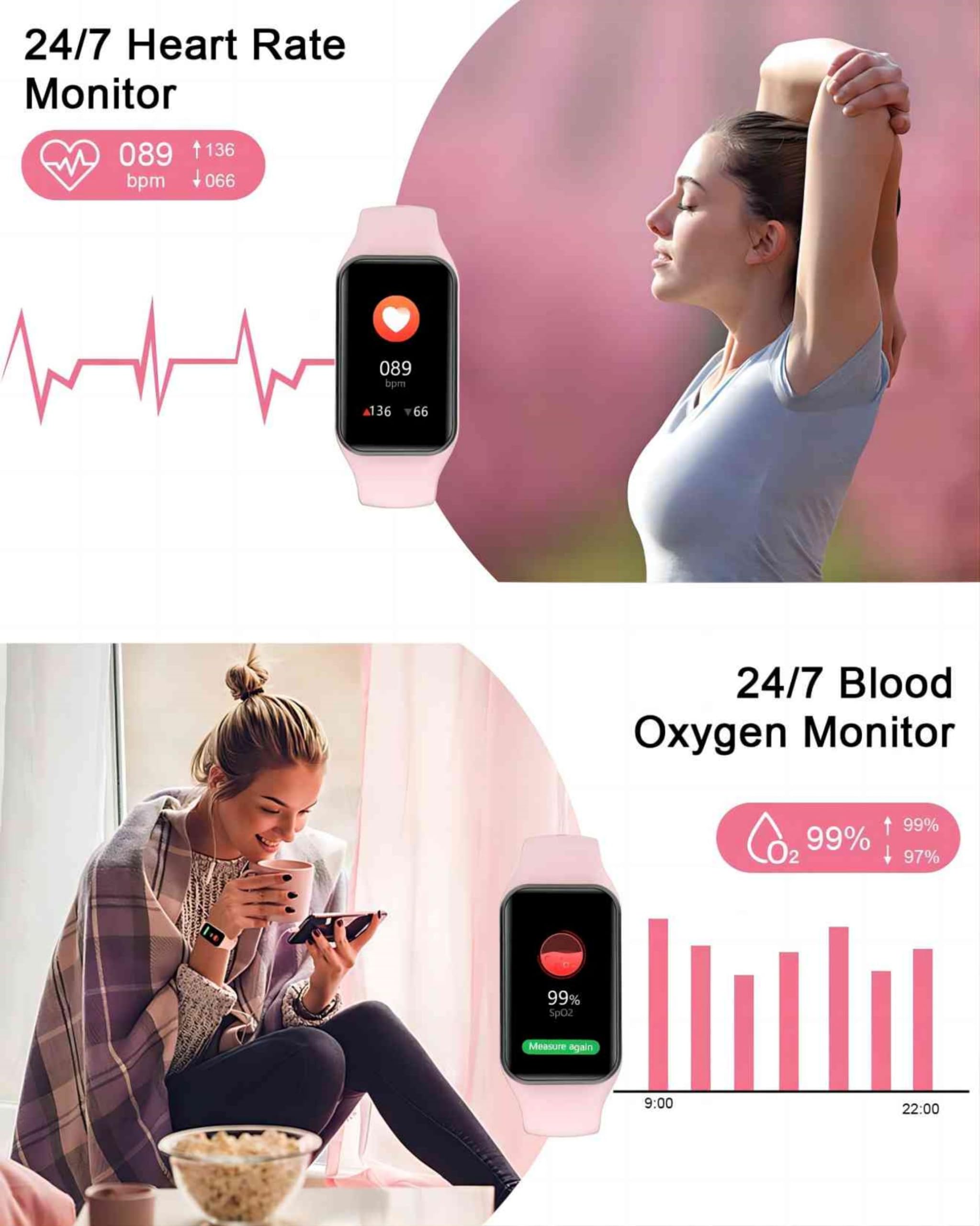 IOWODO R1 Smartwatch donna con ossimetro (SpO2) Monitor Contapassi frequenza cardiaca Sonno Pedometro,Smart Watch donna uomo con notifica messaggi,IP68 impermeabile per Android iOS (2 cinturini)