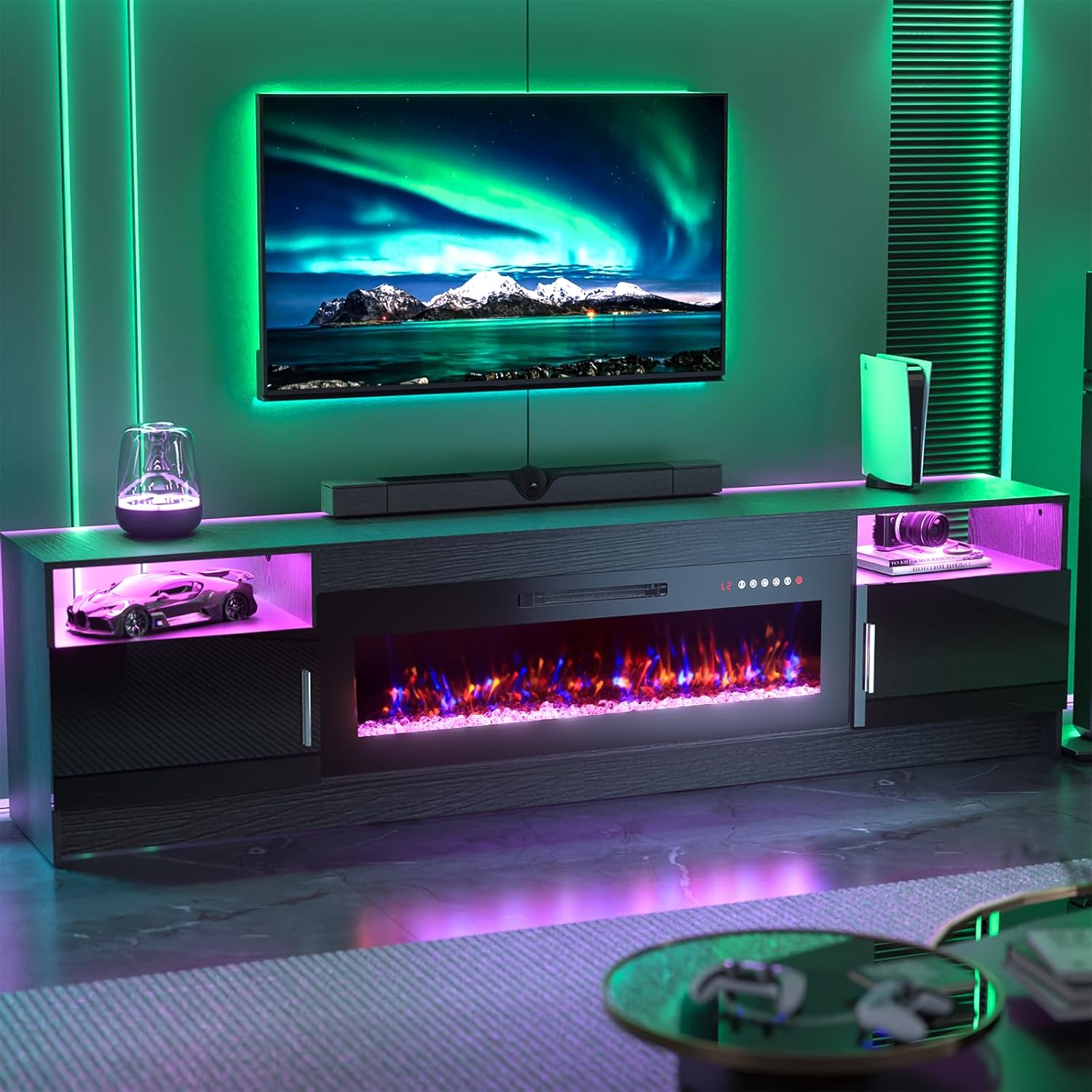 BREEZEHEAT TV Stand with Fireplace-Fireplace TV Stand for 85+ inch TV, LED Entertainment Center for Living Room w/ 36" Fireplace Inserts, TV Console with Cabinet, Led Light, Remote Control,Black