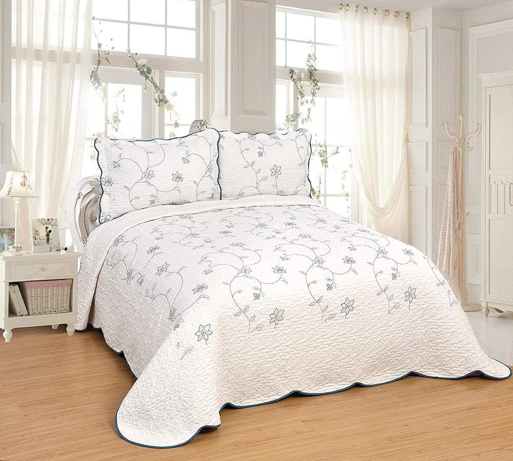 OctoRose 3pc Nice Design Very Soft Oversize 106x96 inch Fully Quilted Embroidery Bedspread Coverlets Bed Cover Pillow Sham Set (PeacockBlue)