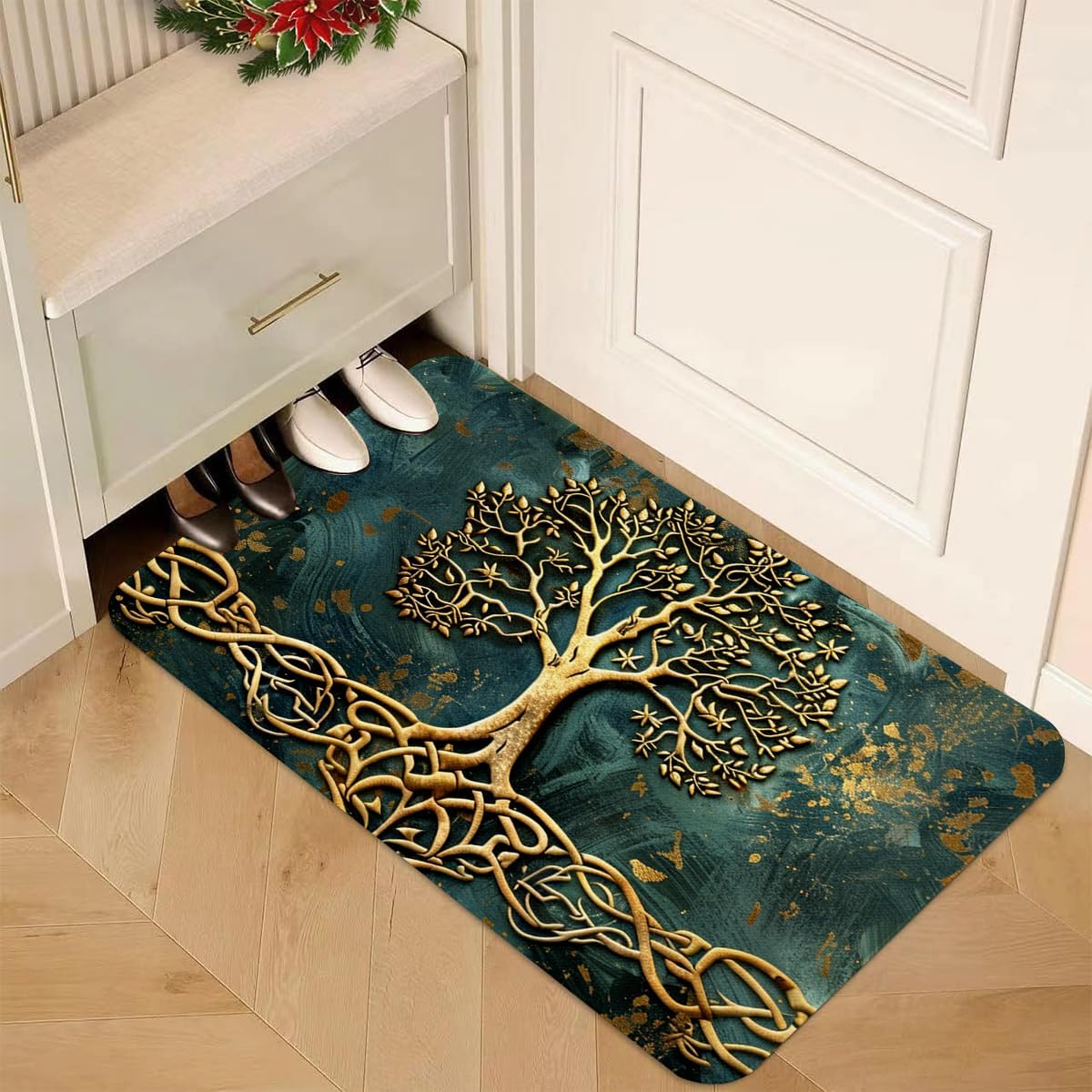 Tree of Life Kitchen Rugs Set of 2 - Non-Slip Cotton Blend Linen Floor Mats(17.7''x29.5''+17.7''x47'') - Kitchen Mats for Home Office Bedroom Bathroom Laundry (Dark Teal Blue & Golden)