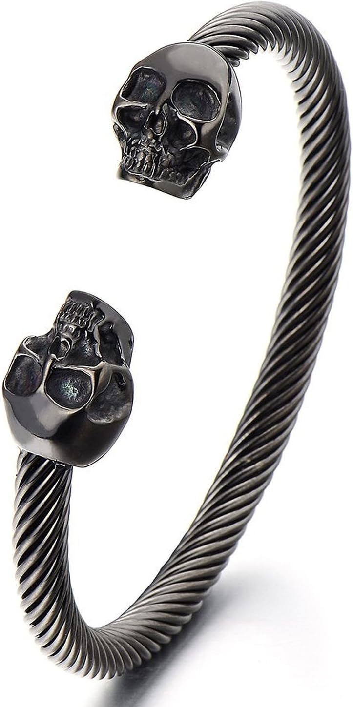 COOLSTEELANDBEYOND Elastic Adjustable Unique Mens Skull Cuff Bangle Steel Twisted Cable Bracelet Polished