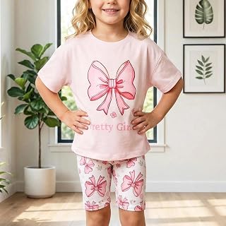 Girls Summer Two Piece Set Bow Print Short Sleeve Crew Neck T Shirt and Knee Length Shorts Casual Alphabet Floral