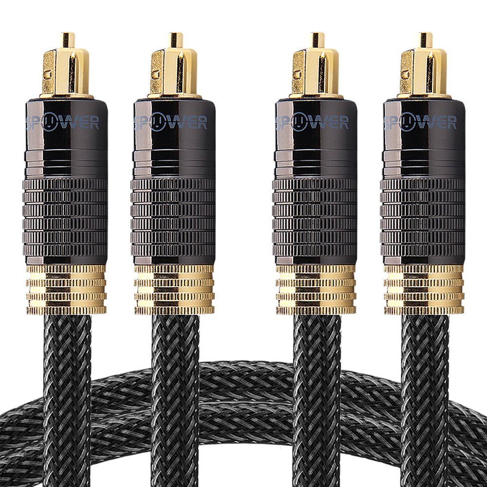 FosPower 24K Gold Plated Toslink Digital Fiber Optical Audio Cable, 3 FT | Digital S/PDIF optical Toslink cable with 24K gold-plated connectors, braided nylon jacket & zero RFI/EMI interference.
