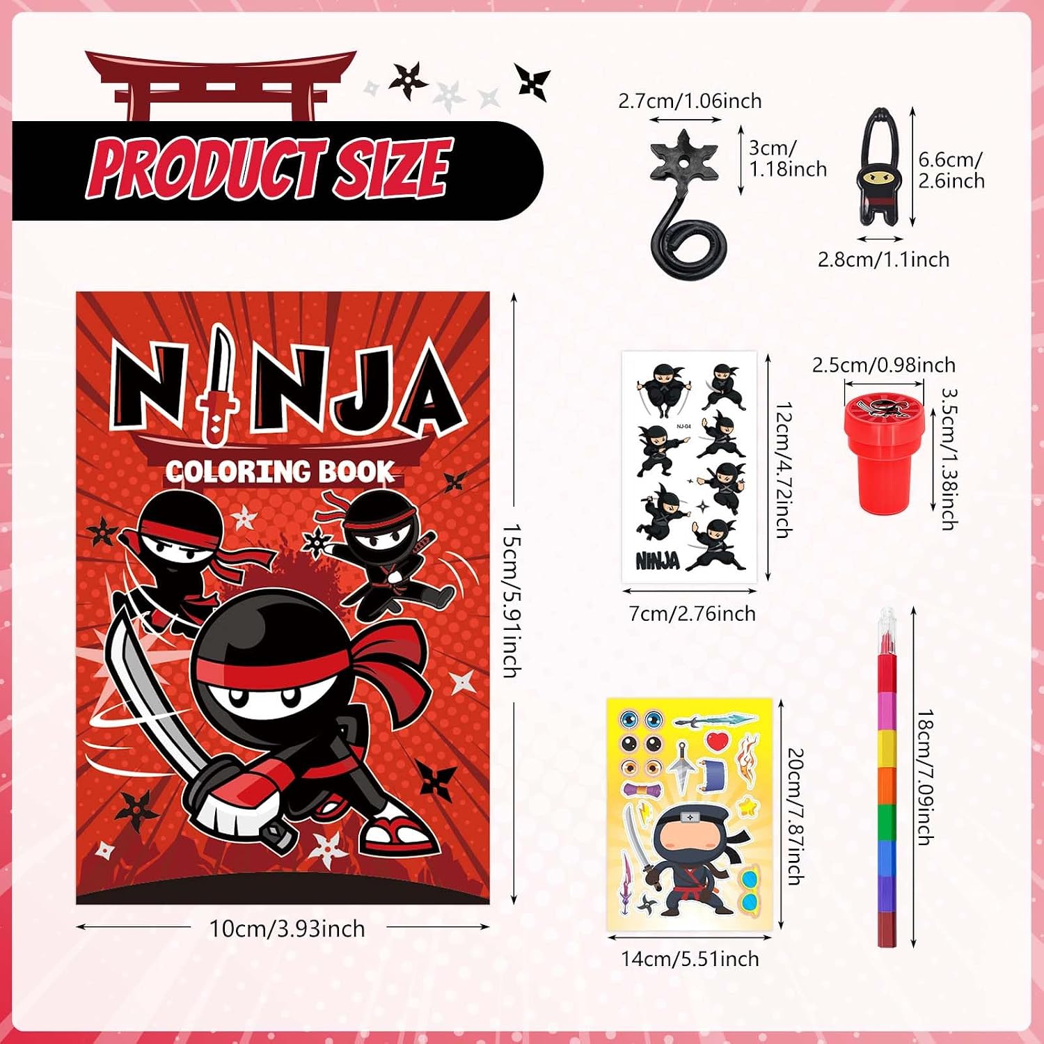 Cinrobiye 72 Pcs Ninja Theme Activity Set with Coloring Books, Stickers, Crayons, Tattoos and Foam Star Accessories for Classroom Activity, Event Supplies and Party Gatherings