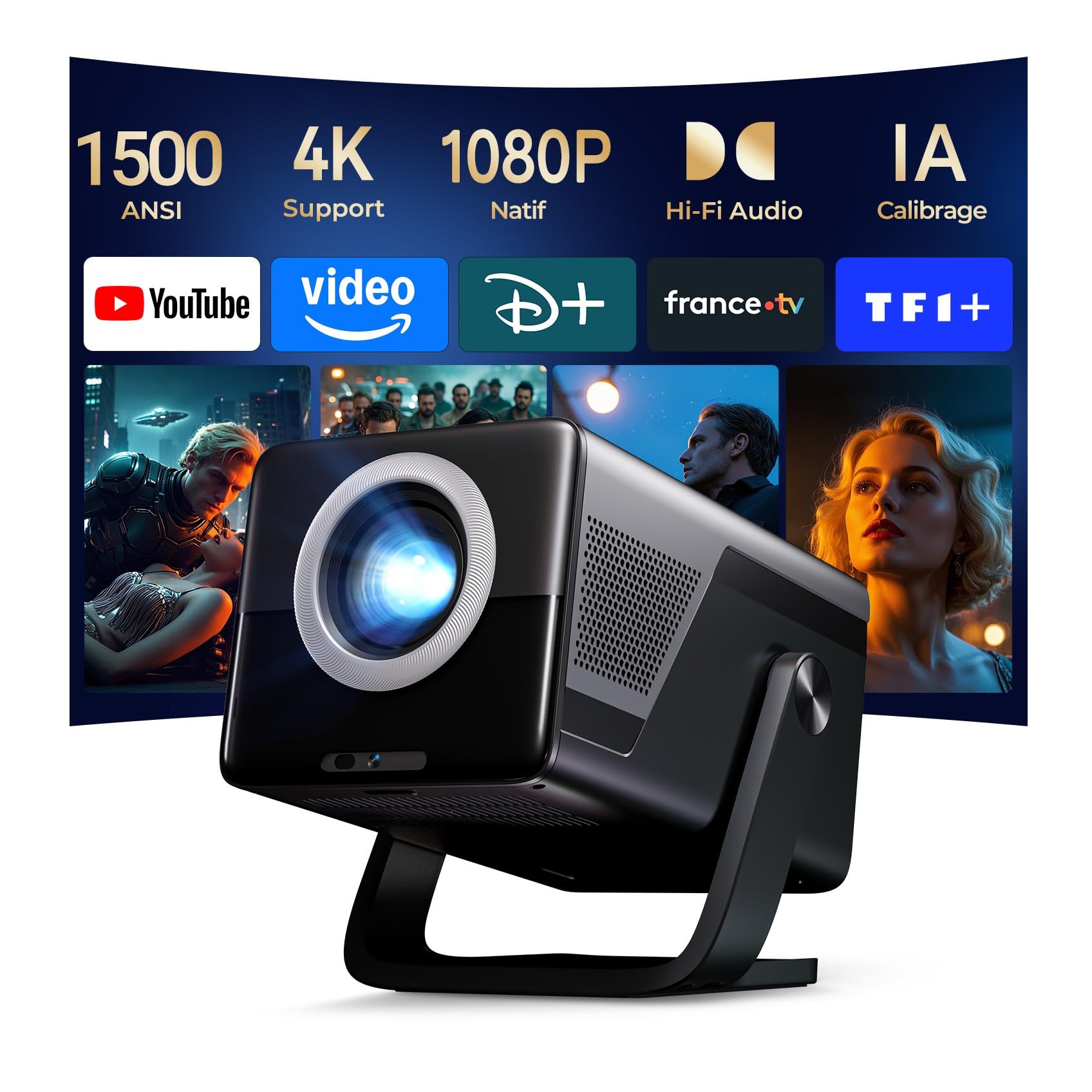 1500 ANSI Smart Vidéoprojecteur Assistant Vocal IA/Contrôle App/Hi-FI Audio