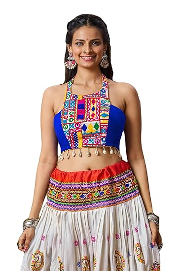 Blue Cotton Garba Embroidered Kodi Work Readymade Blouse-NCBL0036