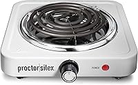 Proctor Silex 34106 Portable Electric Single Burner Cooktop, 1200W Adjustable Temp Hot Plate, Compact Stainless Steel White