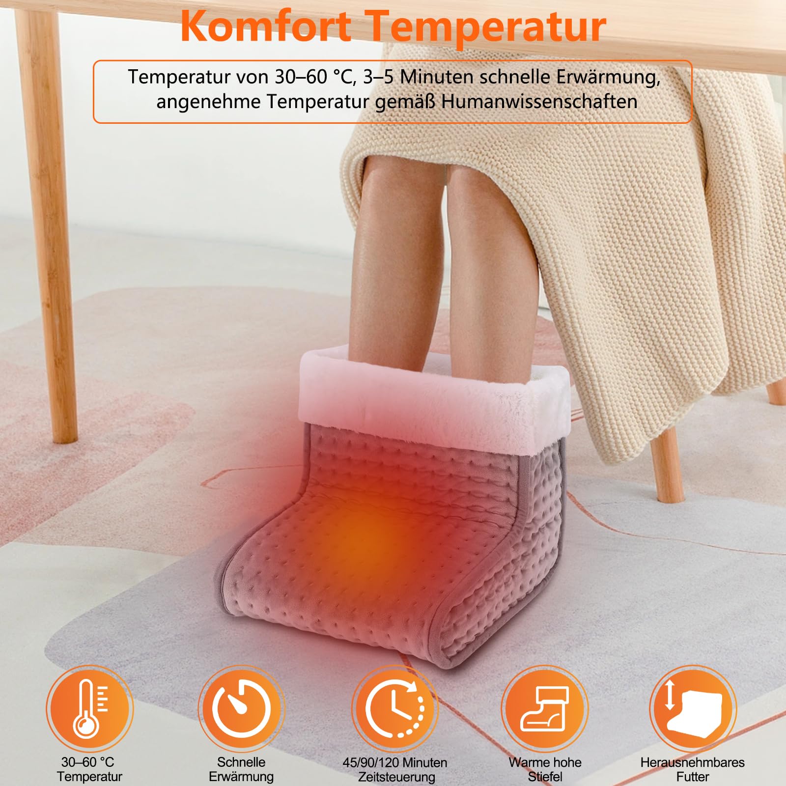 Biutee Fußwärmer Elektrisch 2,5 m Netzkabel, Fusswärmer mit 10 Temperaturstufen 3 Timer und Waschbares Innenfutter, 30-60℃, Fuß Wärmer für den Einsatz im Büro und zu Hause,Hellgrau